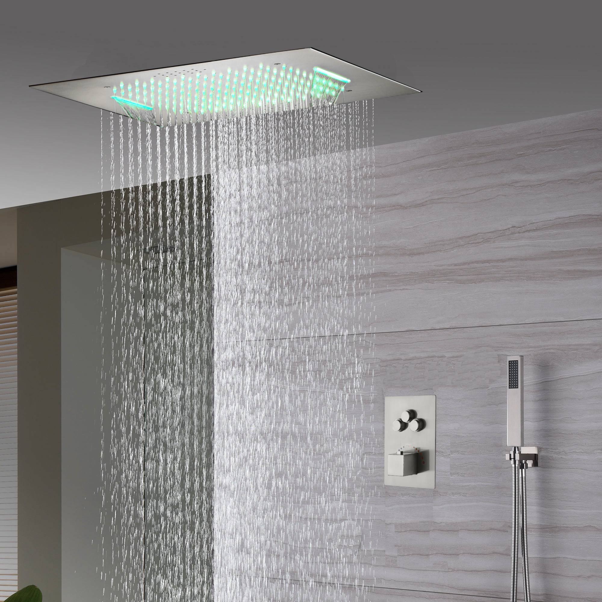 20inch Brushed nickel ceiling or flush mount rainfall waterfall shower systems 3 way thermostatic shower faucet that available in both led light or non-led light options - Image 3