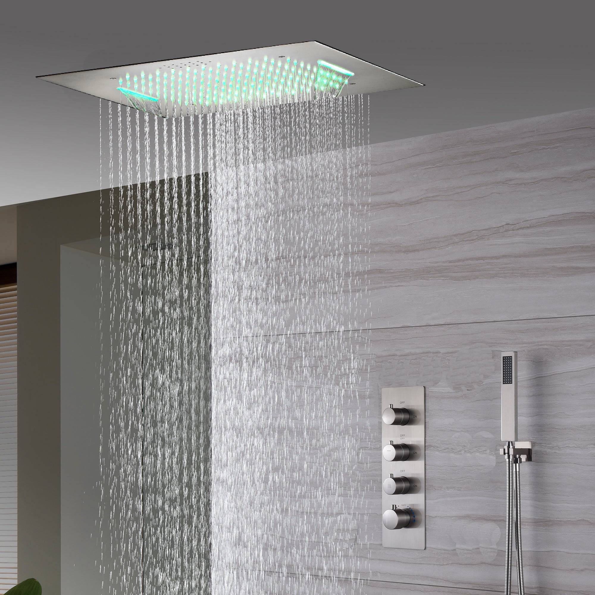 20inch Brushed nickel ceiling or flush mount rainfall waterfall shower systems 3 way thermostatic shower faucet that available in both led light or non-led light options - Image 4
