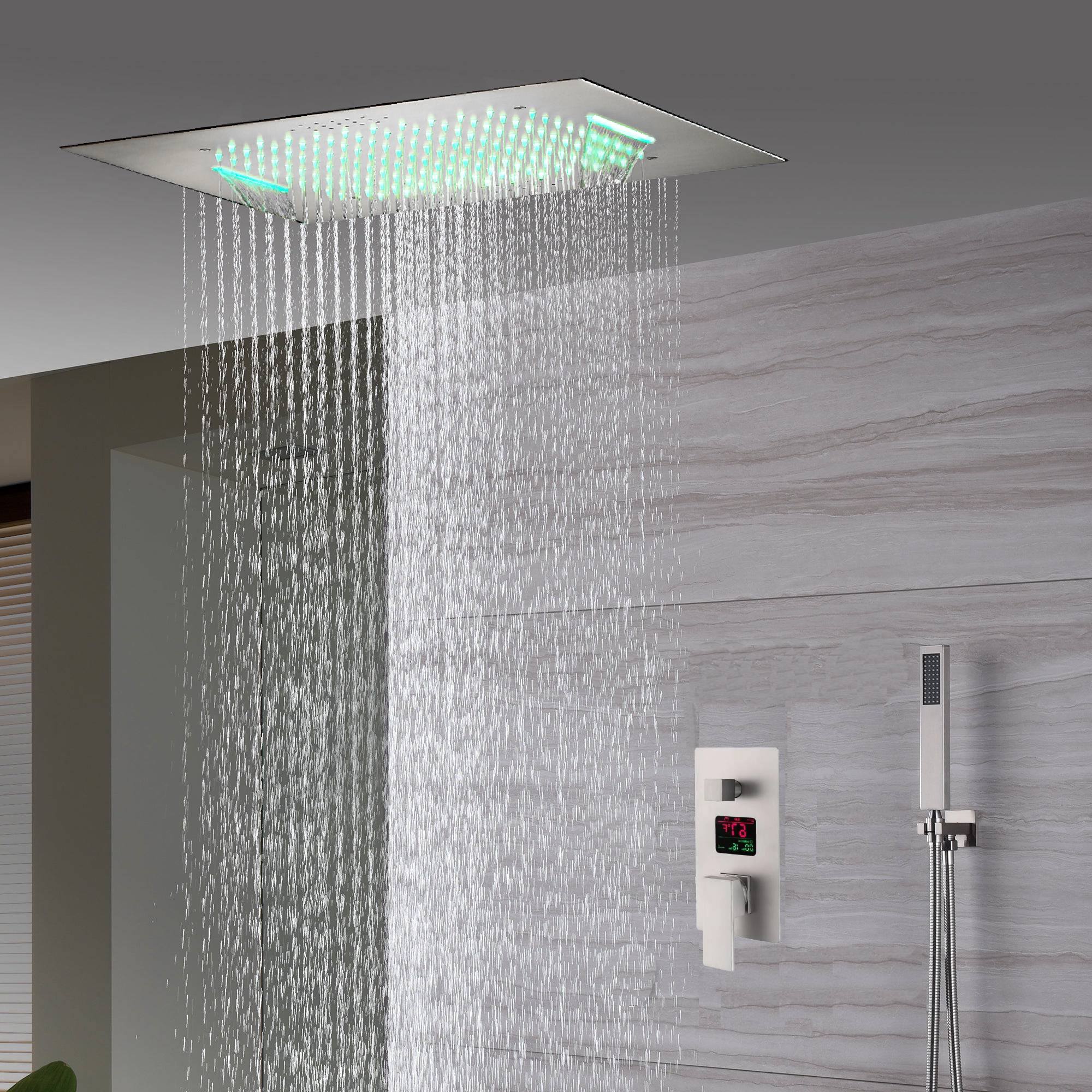 20inch Brushed nickel ceiling or flush mount rainfall waterfall shower systems 3 way thermostatic shower faucet that available in both led light or non-led light options - Image 5