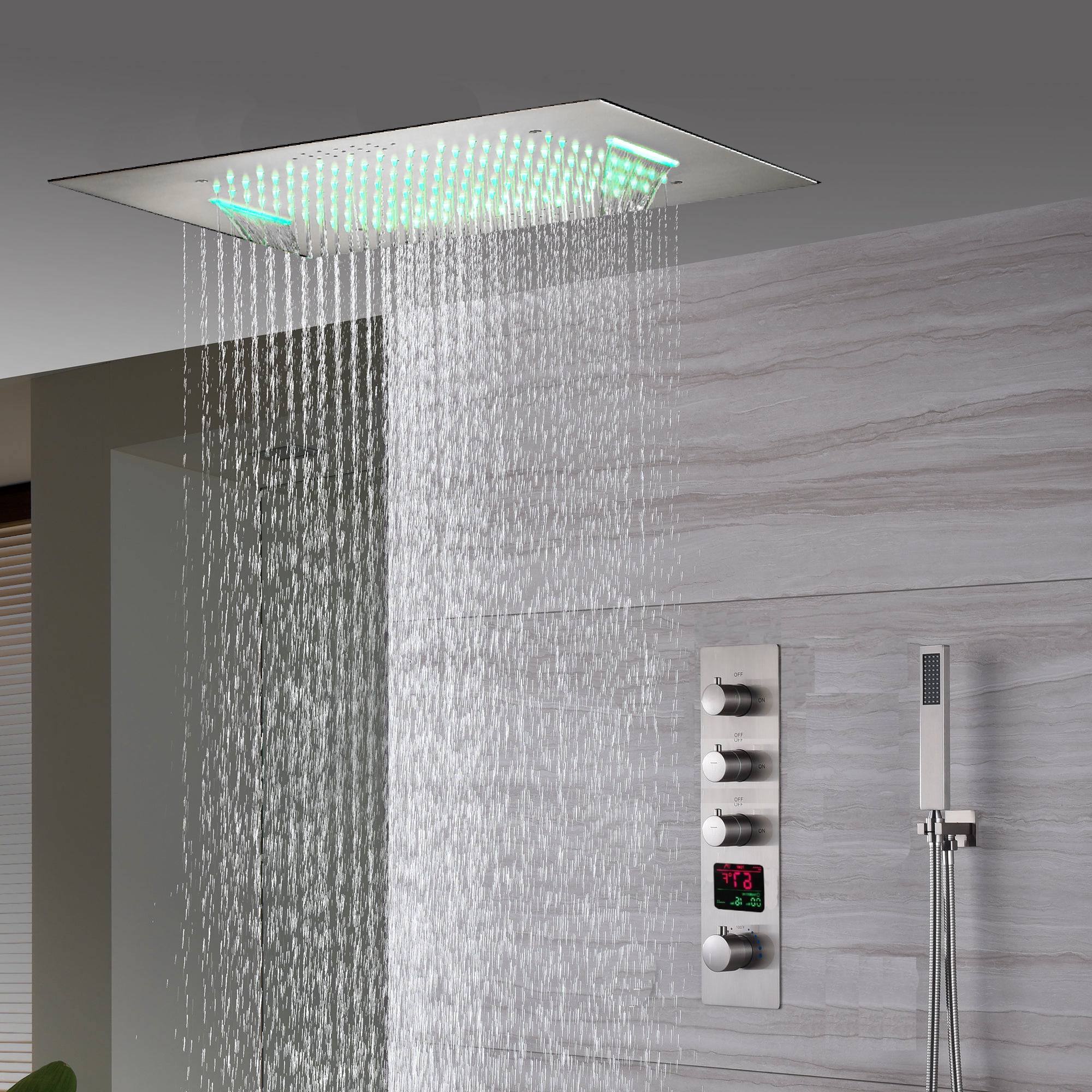 20inch Brushed nickel ceiling or flush mount rainfall waterfall shower systems 3 way thermostatic shower faucet that available in both led light or non-led light options - Image 6