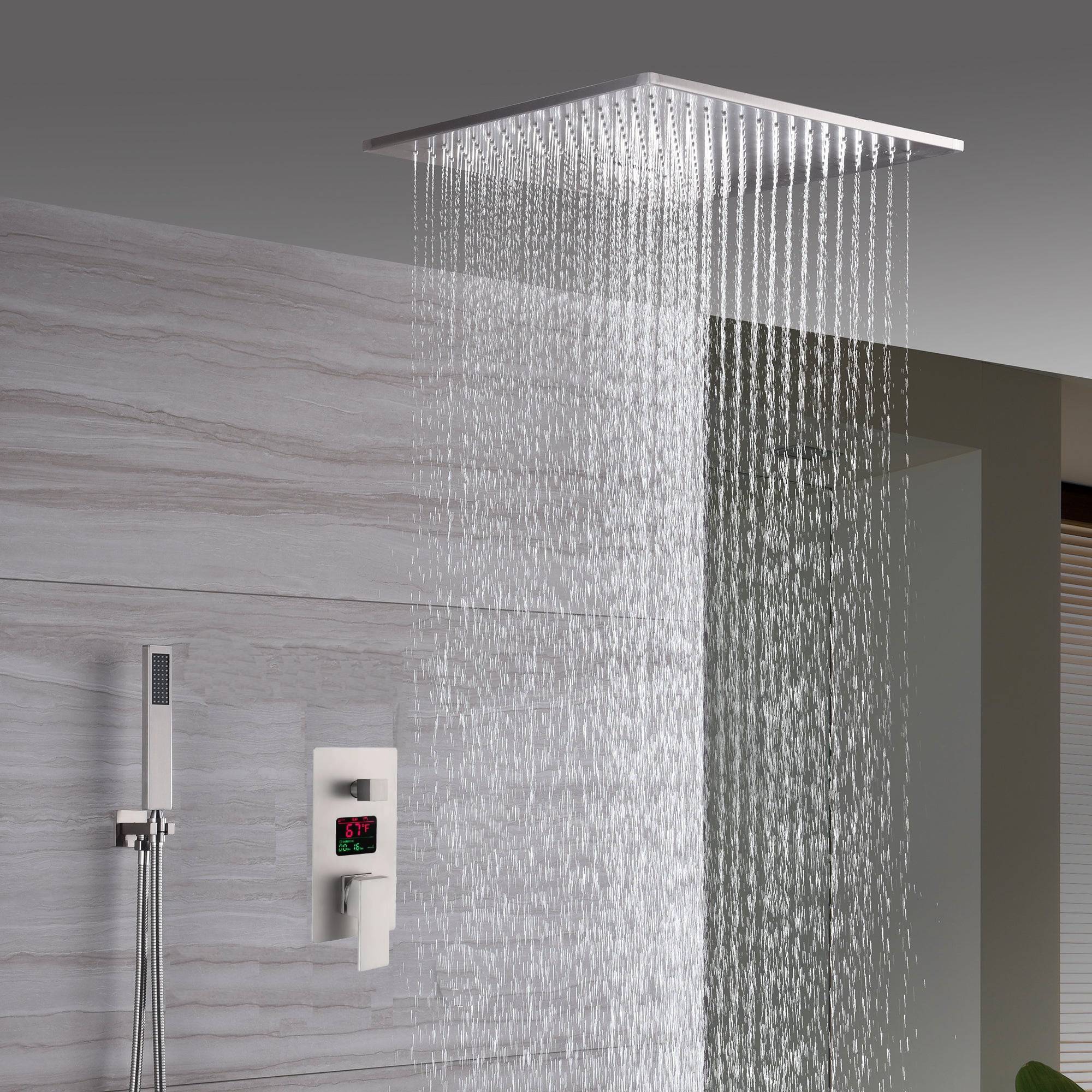 20inch Brushed nickel ceiling or flush mount rainfall waterfall shower systems 3 way thermostatic shower faucet that available in both led light or non-led light options - Image 9