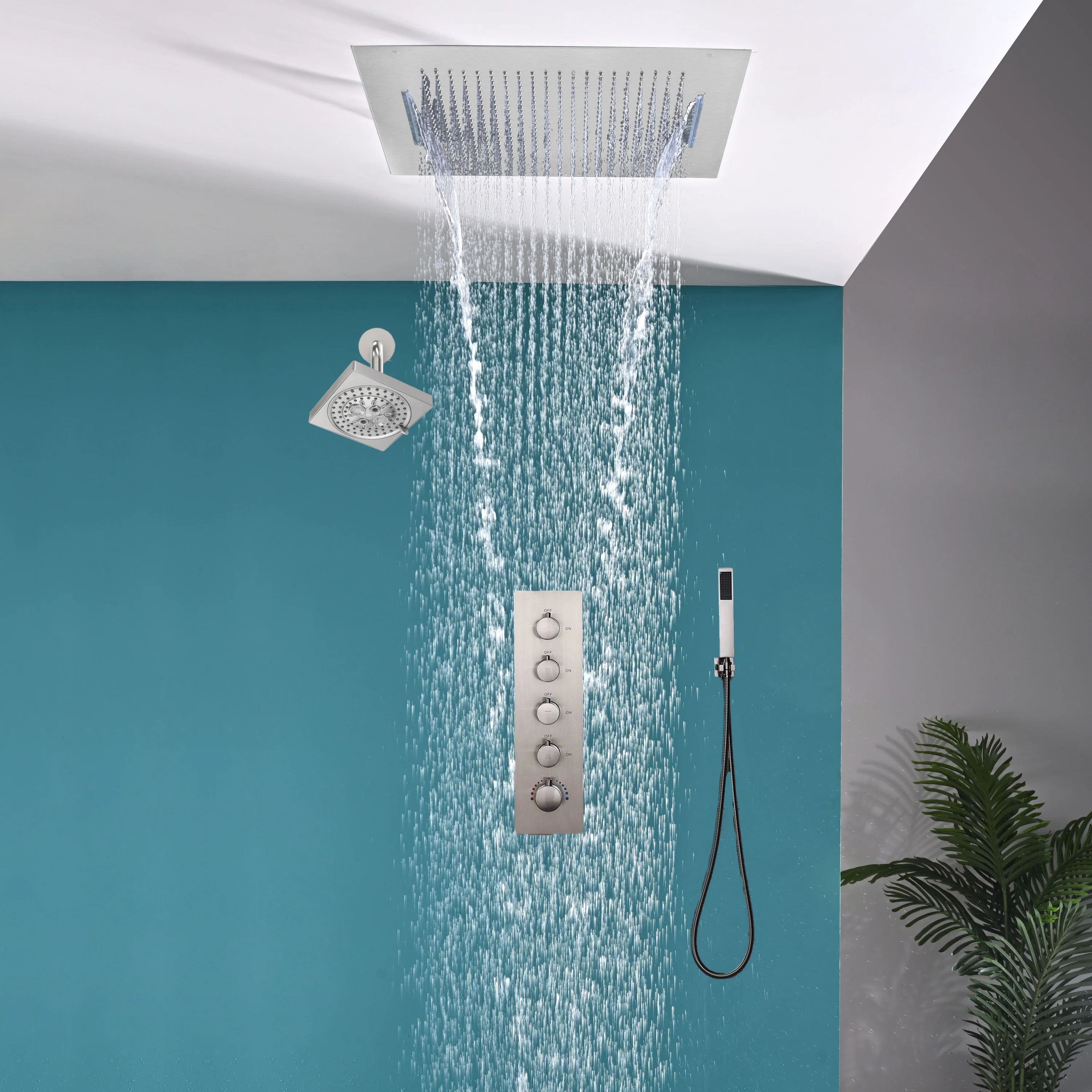 20inch Brushed nickel ceiling mount rainfall waterfall shower systems 4 way thermostatic valve with 6 inch regular head - Image 2