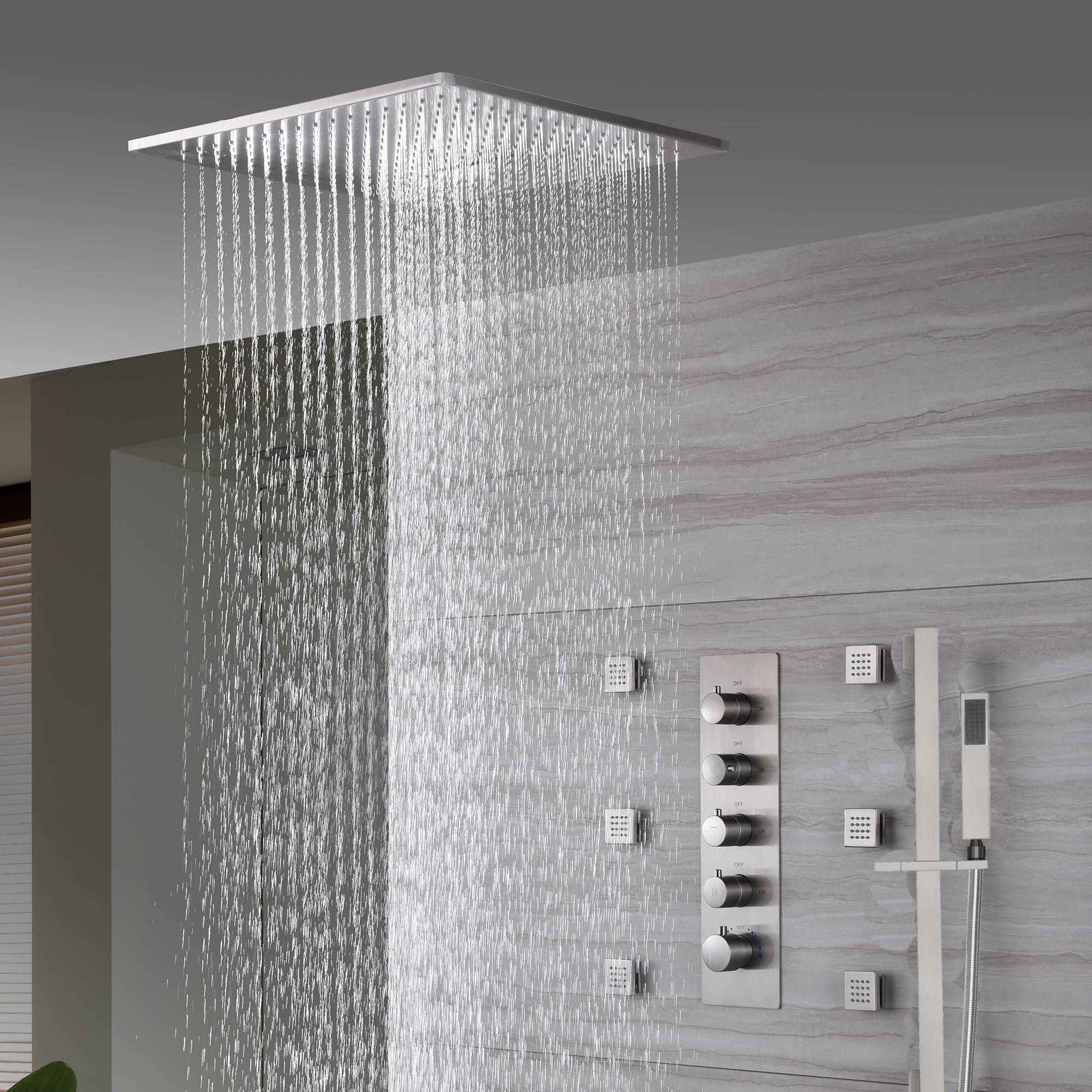 20 inch Brushed nickel ceiling mount rainfall waterfall shower systems 4 way thermostatic valve with 6 body jets and sliding bar - Image 4