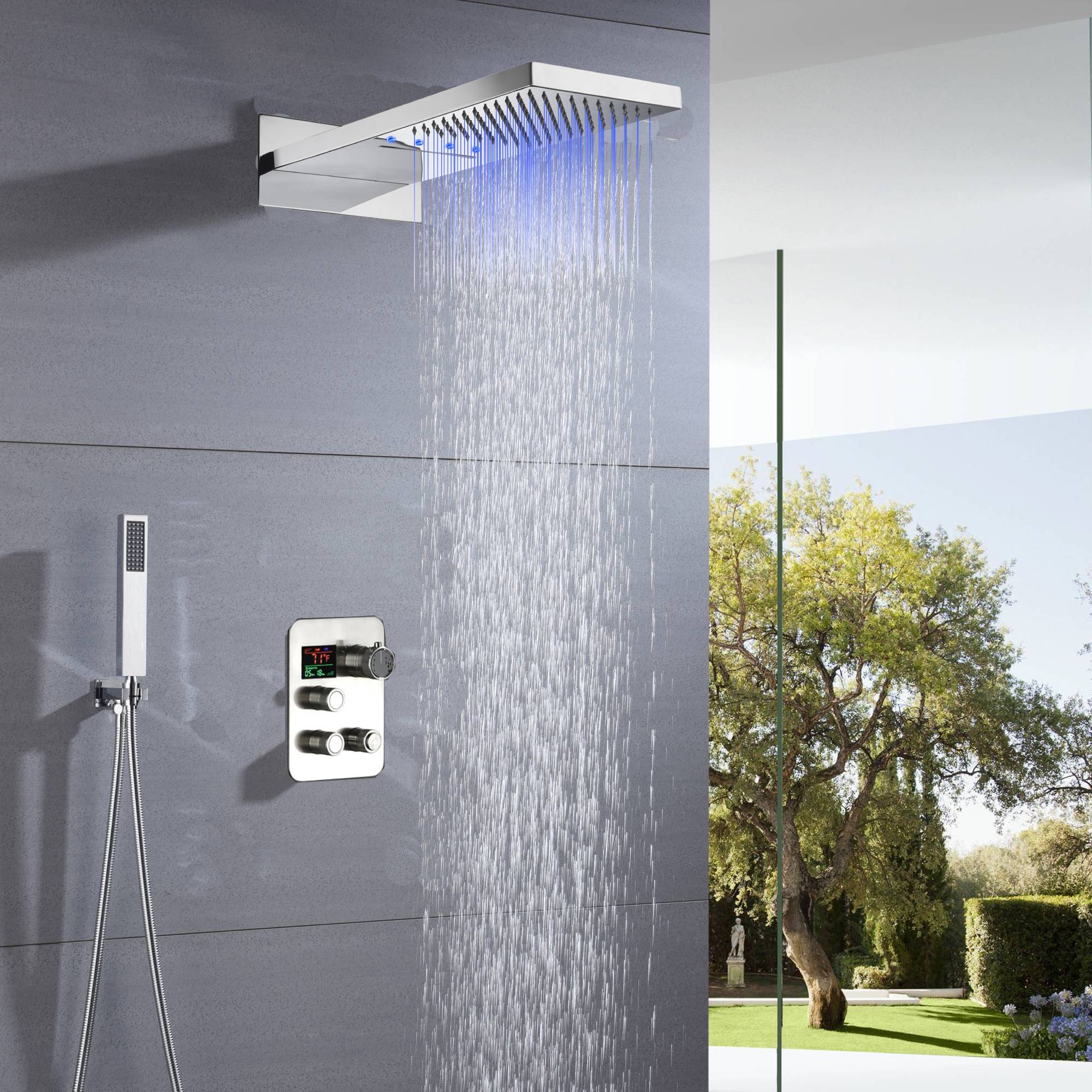 22" Chrome LED light or non-LED light rainfall waterfall shower head 3 way thermostatic shower system - Image 3