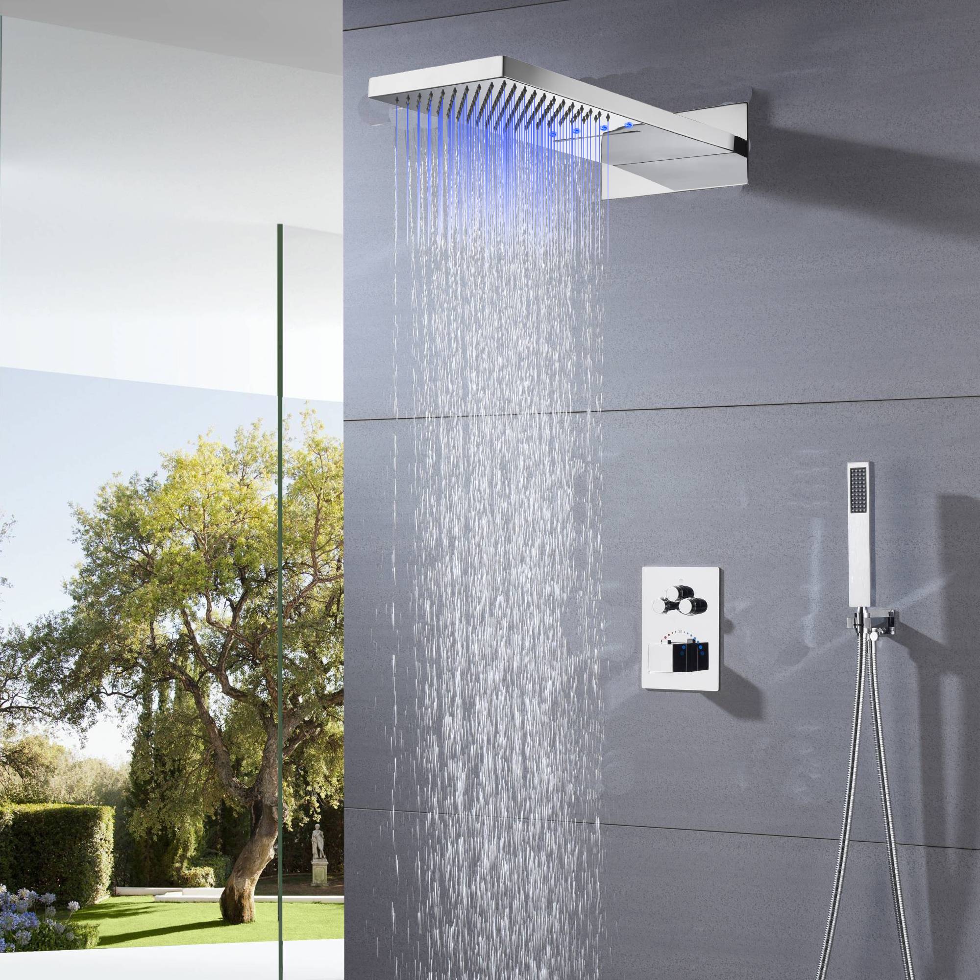 22" Chrome LED light or non-LED light rainfall waterfall shower head 3 way thermostatic shower system - Image 4