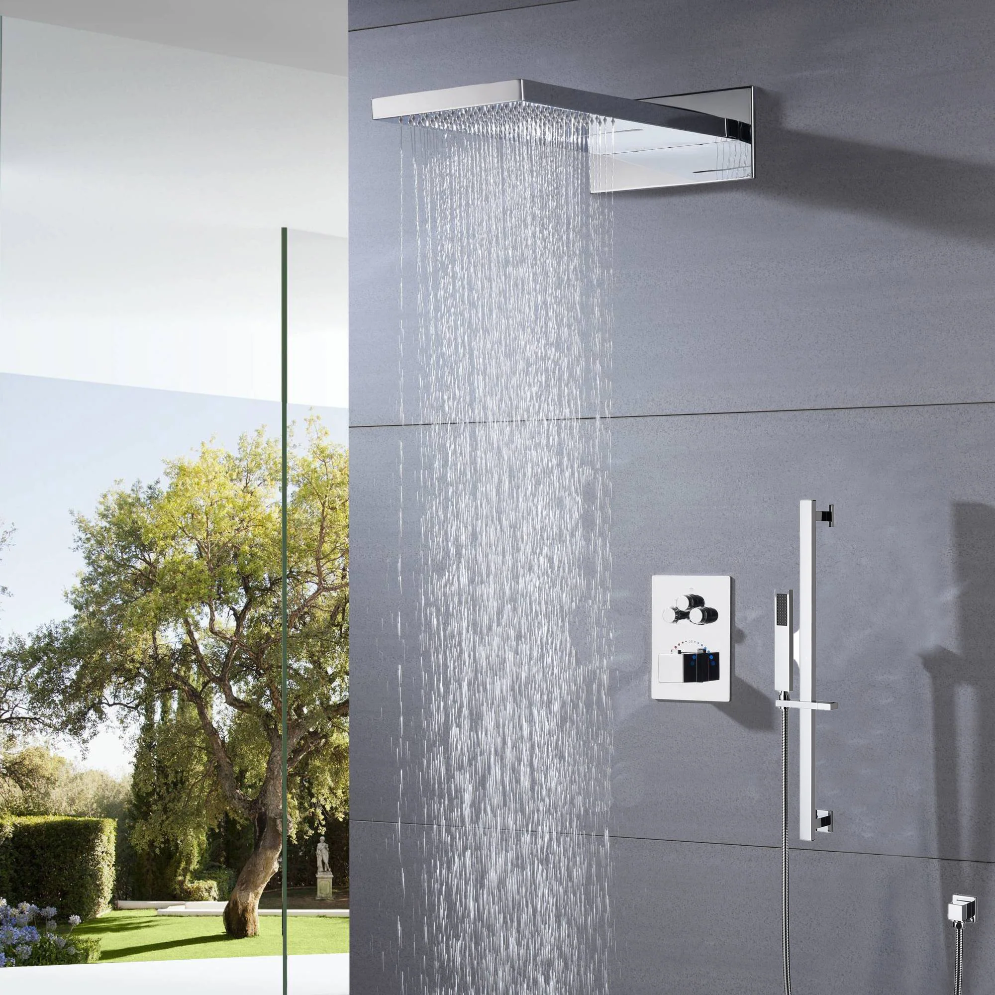 22" Chrome LED light or non-LED light rainfall waterfall shower head 3 way thermostatic shower system - Image 5
