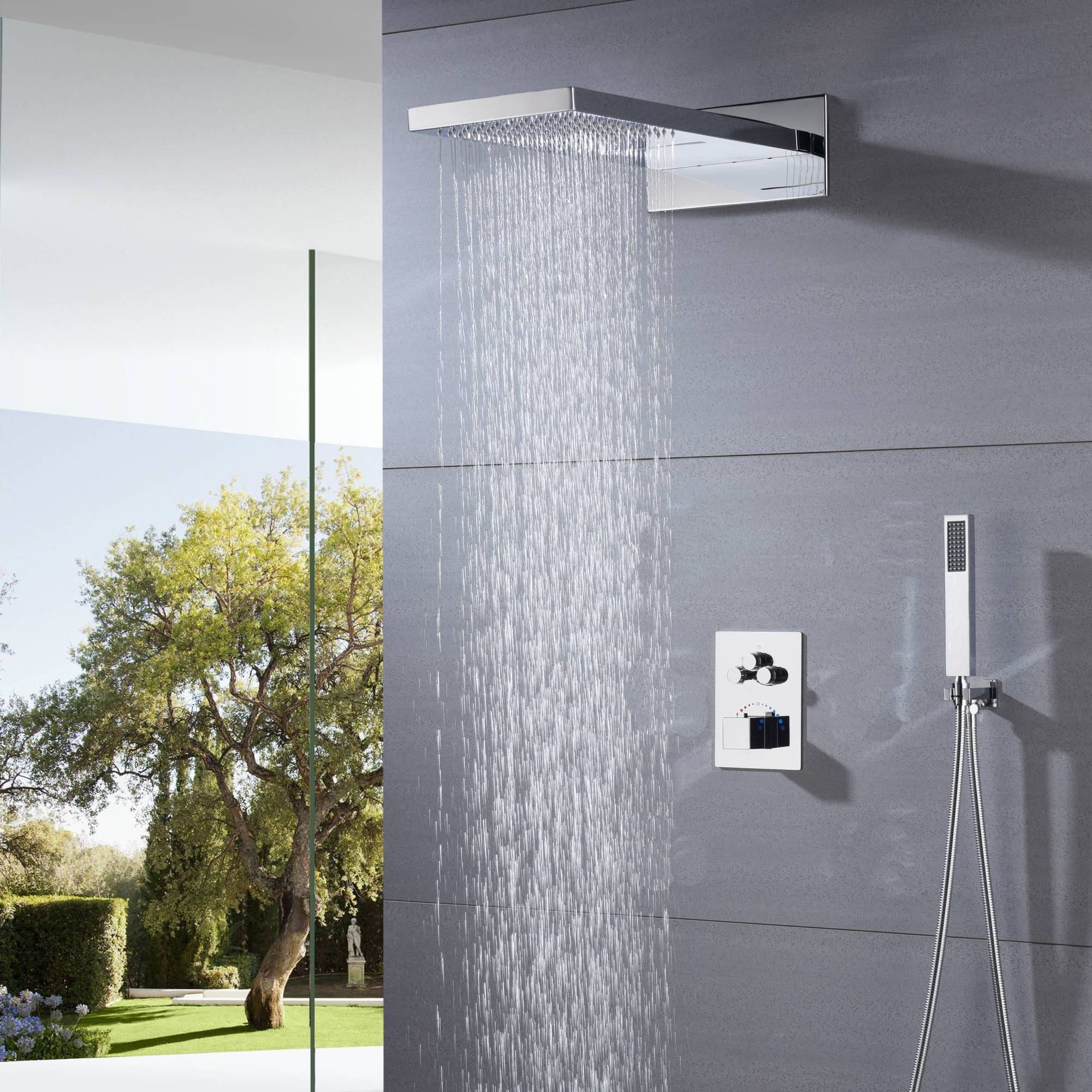 22" Chrome LED light or non-LED light rainfall waterfall shower head 3 way thermostatic shower system - Image 6