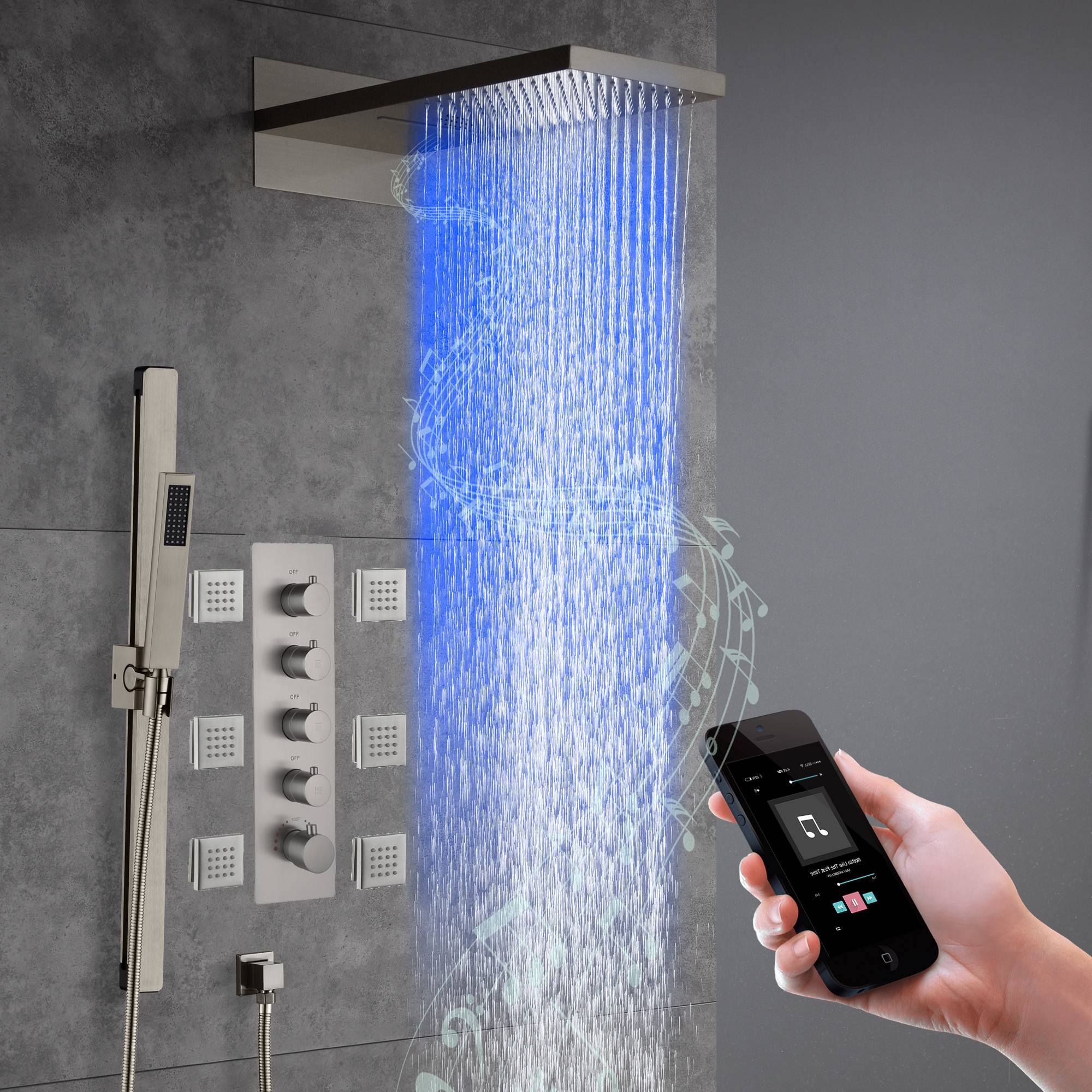 22" Bluetooth Music LED Shower System with 4-Way Thermostatic Faucet and Multiple Functions, 3 Finishes - Image 5