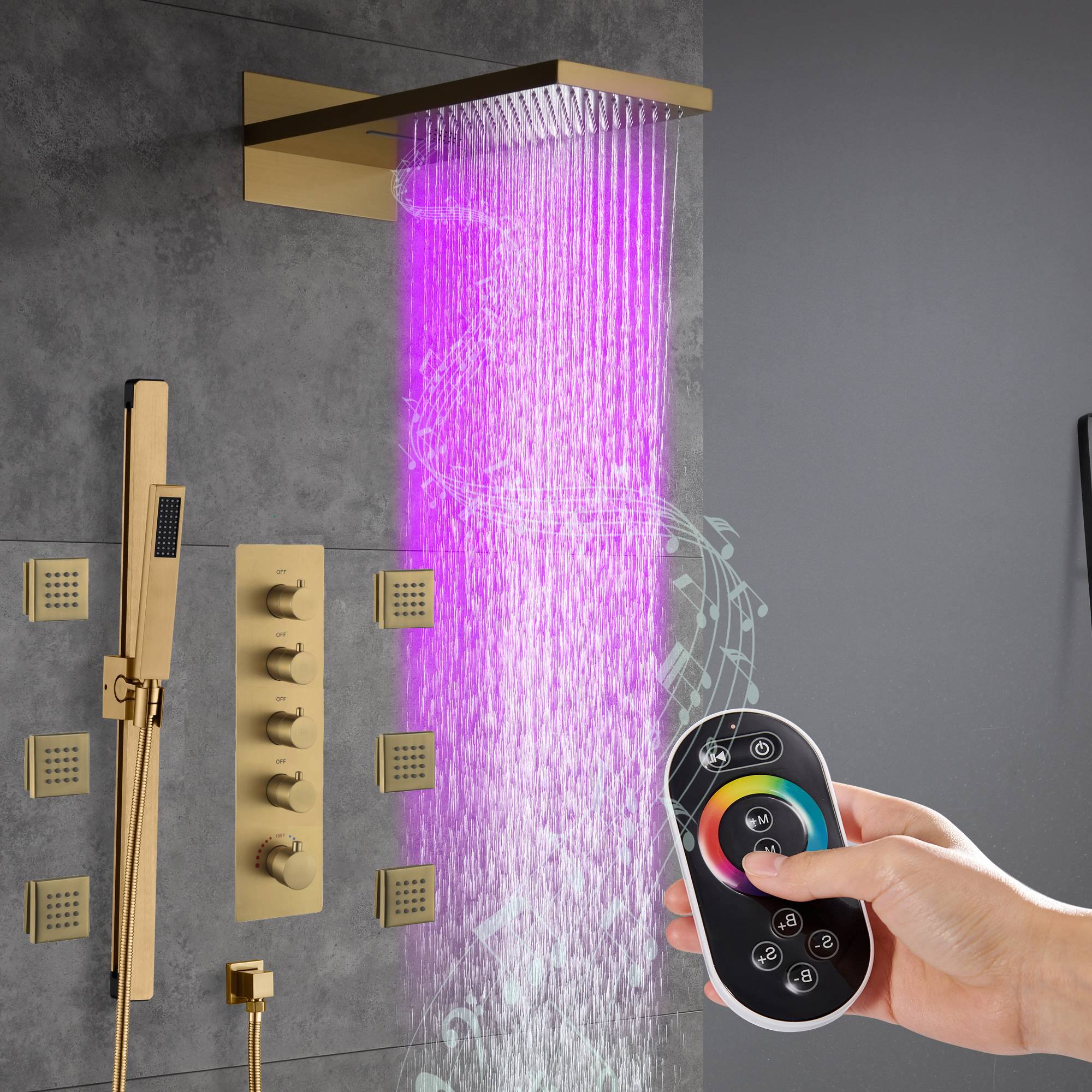 22" Bluetooth Music LED Shower System with 4-Way Thermostatic Faucet and Multiple Functions, 3 Finishes - Image 7