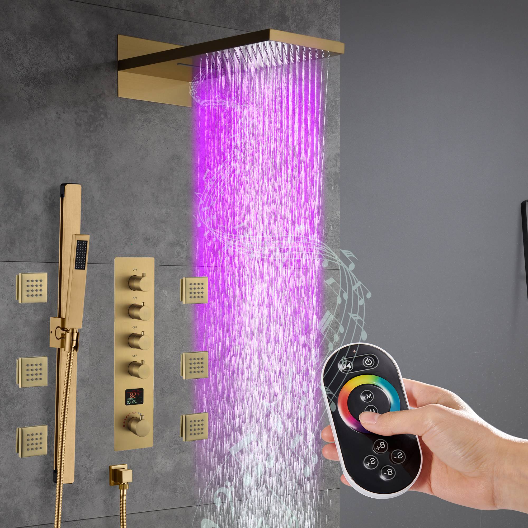 22" Bluetooth Music LED Shower System with 4-Way Thermostatic Faucet and Multiple Functions, 3 Finishes - Image 8