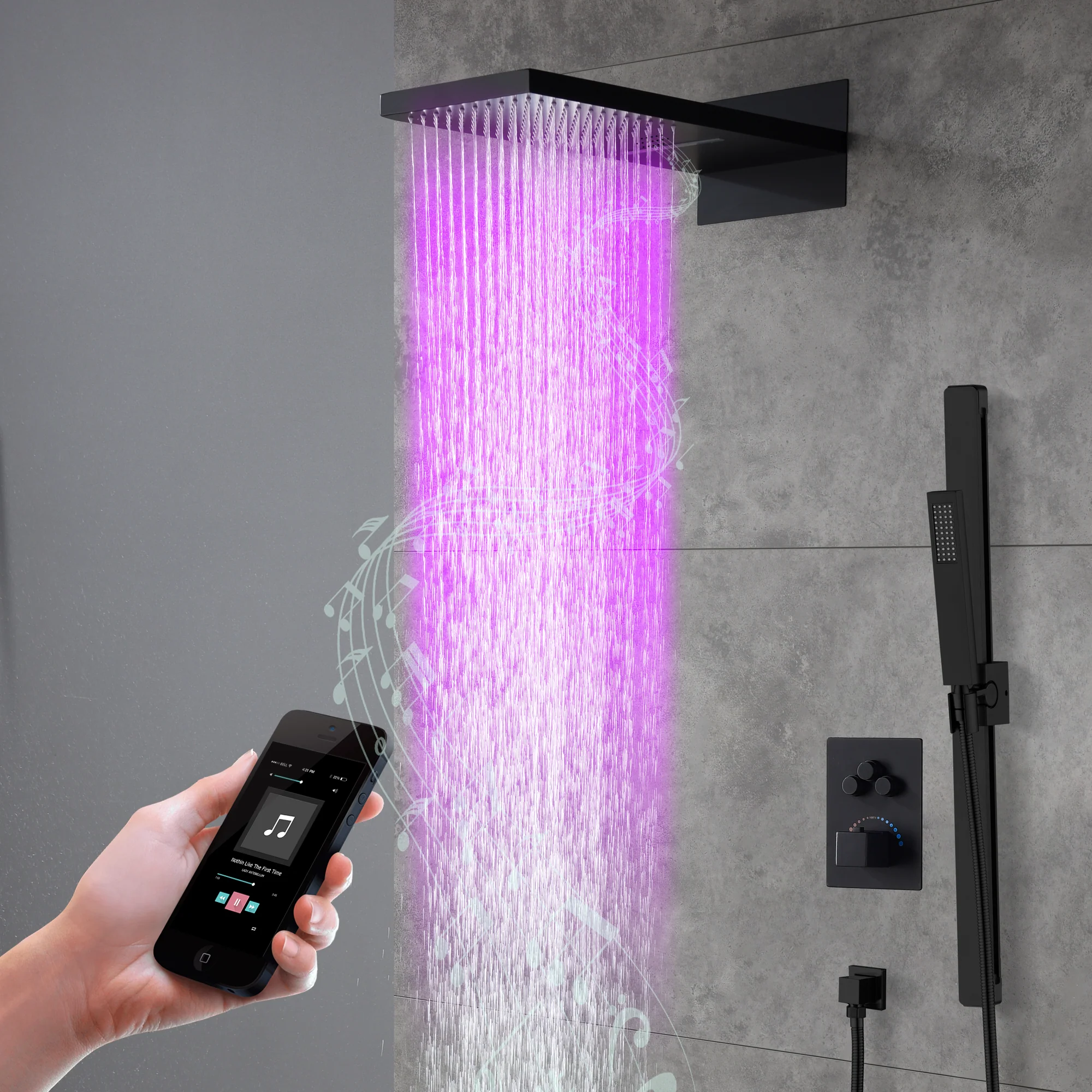 22-Inch Bluetooth Music 64 Led Lights 3-Way Thermostatic Shower Faucet with Rainfall, Waterfall, and Sliding Bar,4 Finishes Available - Image 10