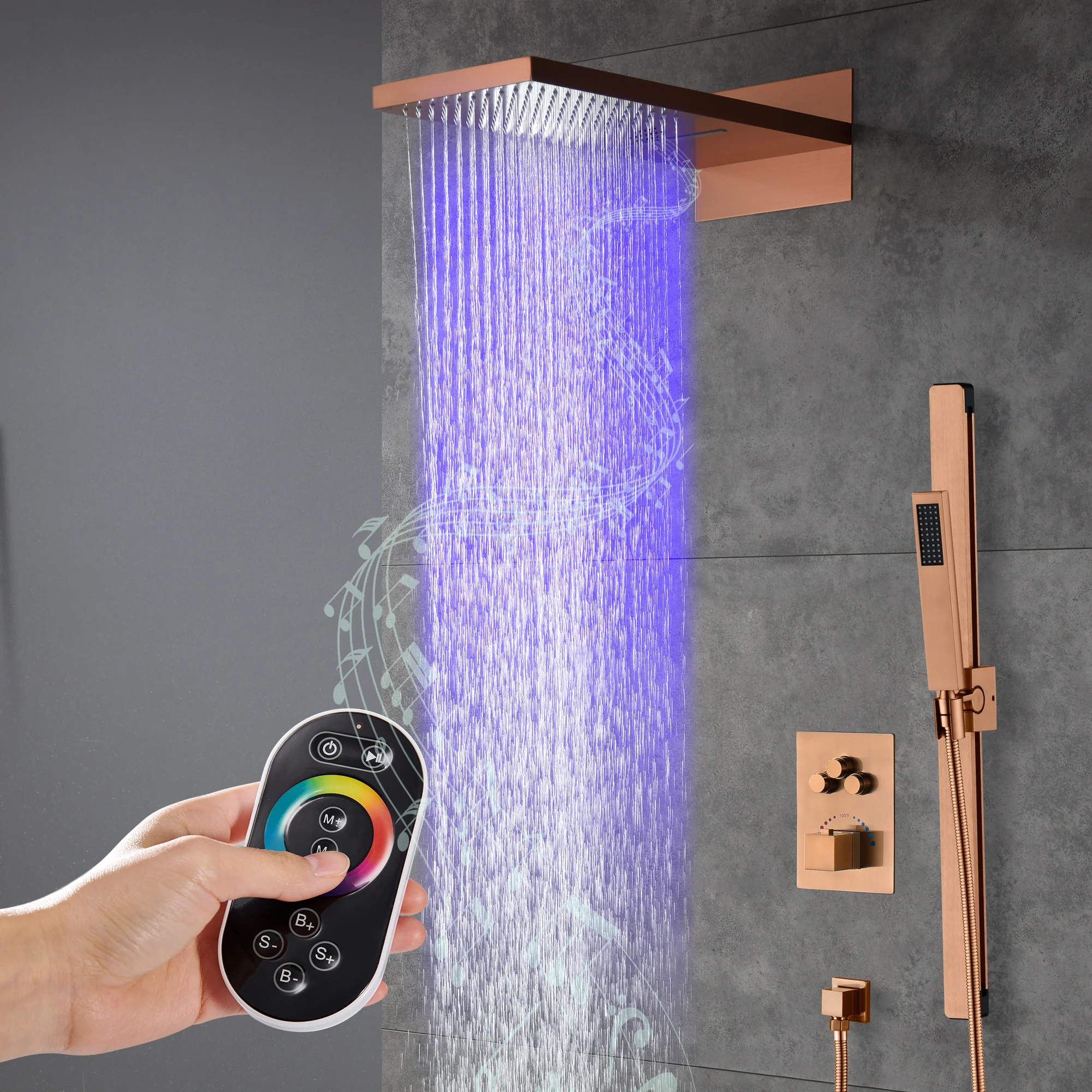 22-Inch Bluetooth Music 64 Led Lights 3-Way Thermostatic Shower Faucet with Rainfall, Waterfall, and Sliding Bar,4 Finishes Available - Image 12