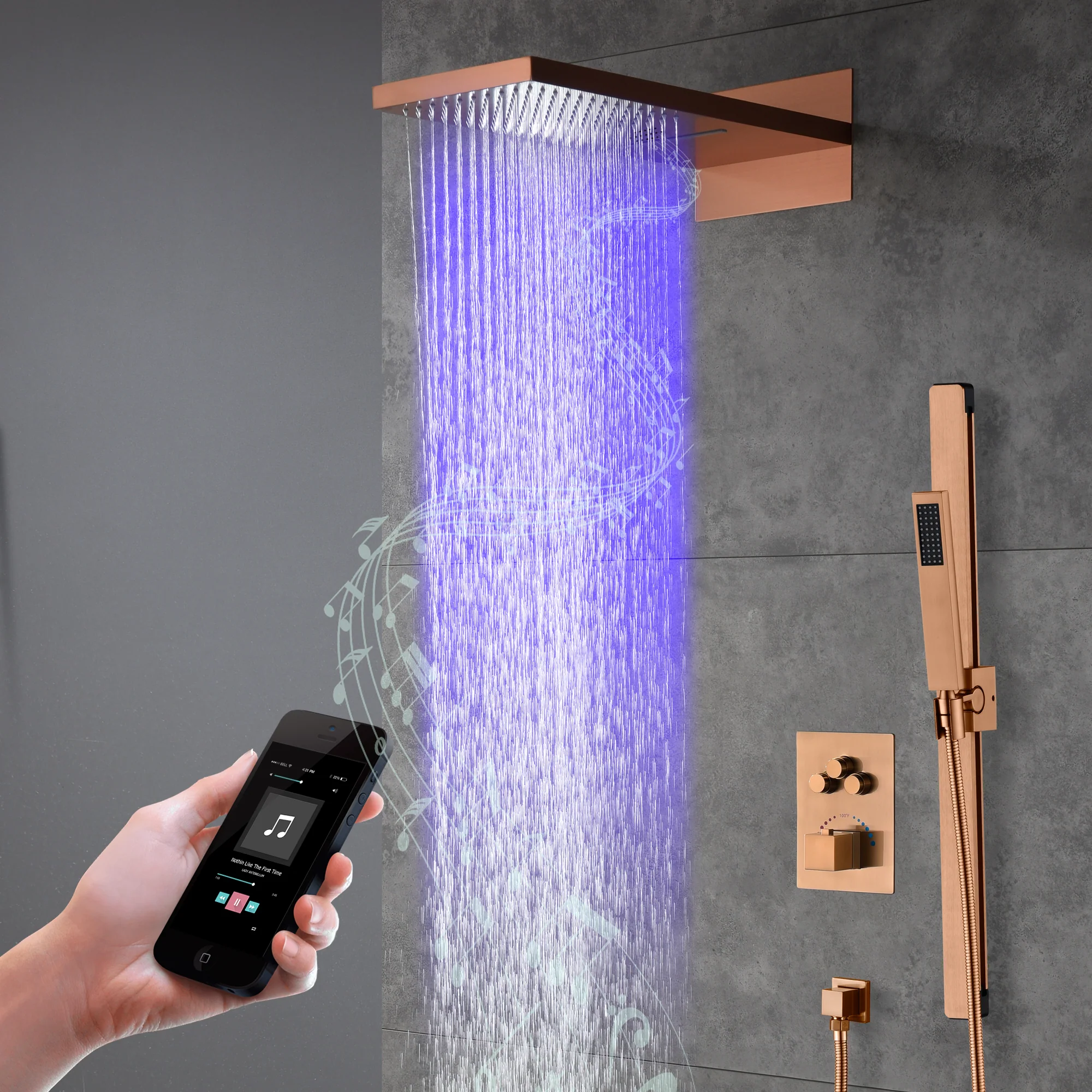 22-Inch Bluetooth Music 64 Led Lights 3-Way Thermostatic Shower Faucet with Rainfall, Waterfall, and Sliding Bar,4 Finishes Available - Image 13