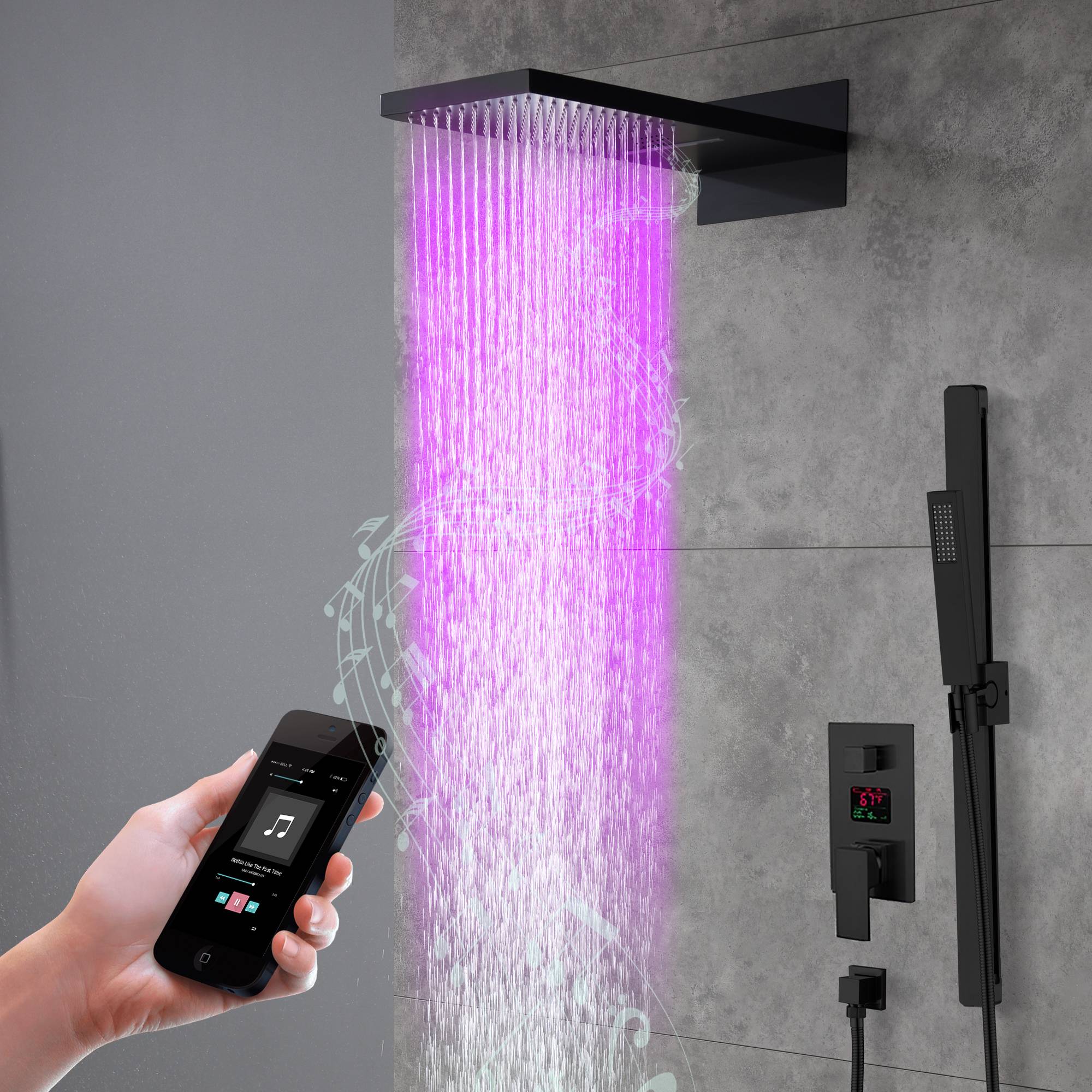 22-Inch Bluetooth Music 64 Led Lights 3-Way Thermostatic Shower Faucet with Rainfall, Waterfall, and Sliding Bar,4 Finishes Available - Image 16