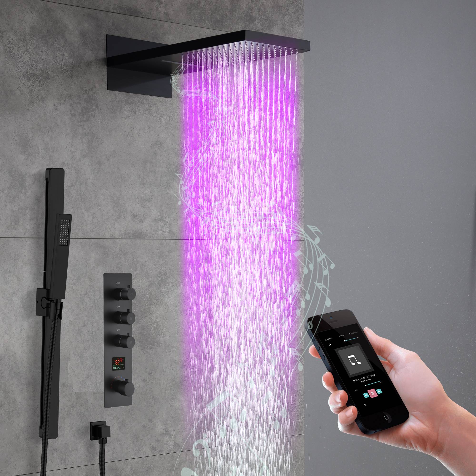 22-Inch Bluetooth Music 64 Led Lights 3-Way Thermostatic Shower Faucet with Rainfall, Waterfall, and Sliding Bar,4 Finishes Available - Image 18