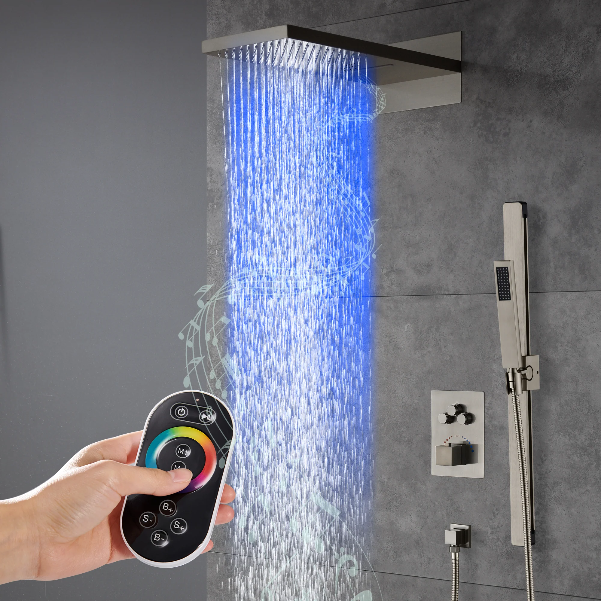 22-Inch Bluetooth Music 64 Led Lights 3-Way Thermostatic Shower Faucet with Rainfall, Waterfall, and Sliding Bar,4 Finishes Available - Image 6