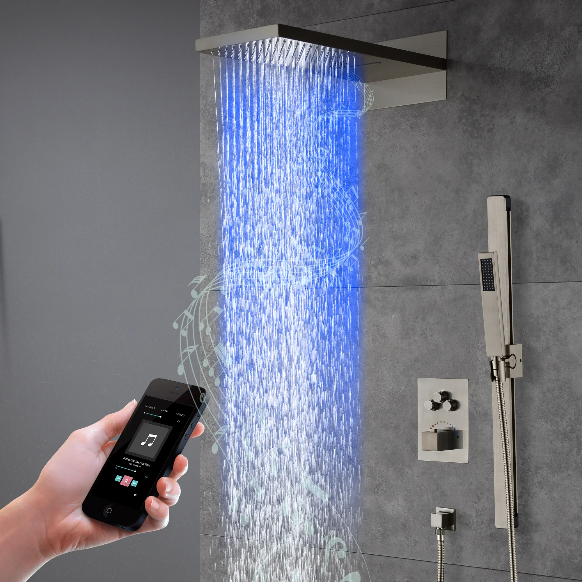 22-Inch Bluetooth Music 64 Led Lights 3-Way Thermostatic Shower Faucet with Rainfall, Waterfall, and Sliding Bar,4 Finishes Available - Image 7