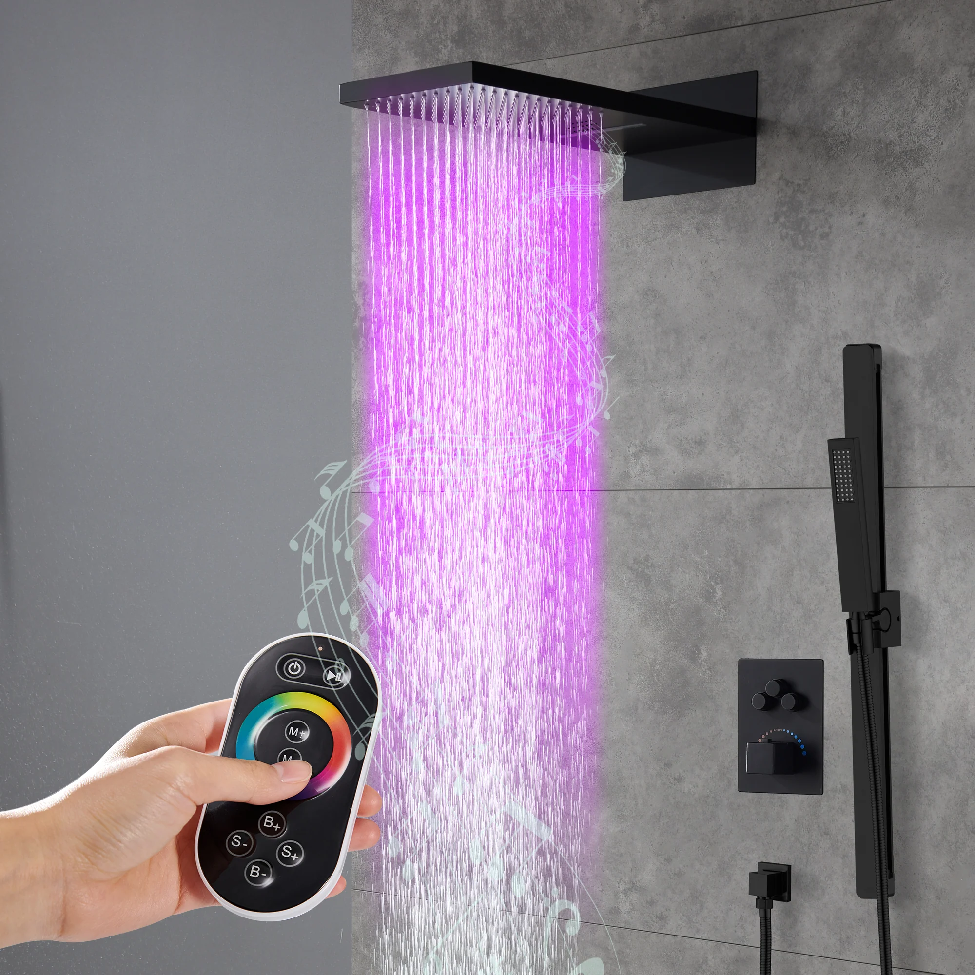 22-Inch Bluetooth Music 64 Led Lights 3-Way Thermostatic Shower Faucet with Rainfall, Waterfall, and Sliding Bar,4 Finishes Available - Image 9