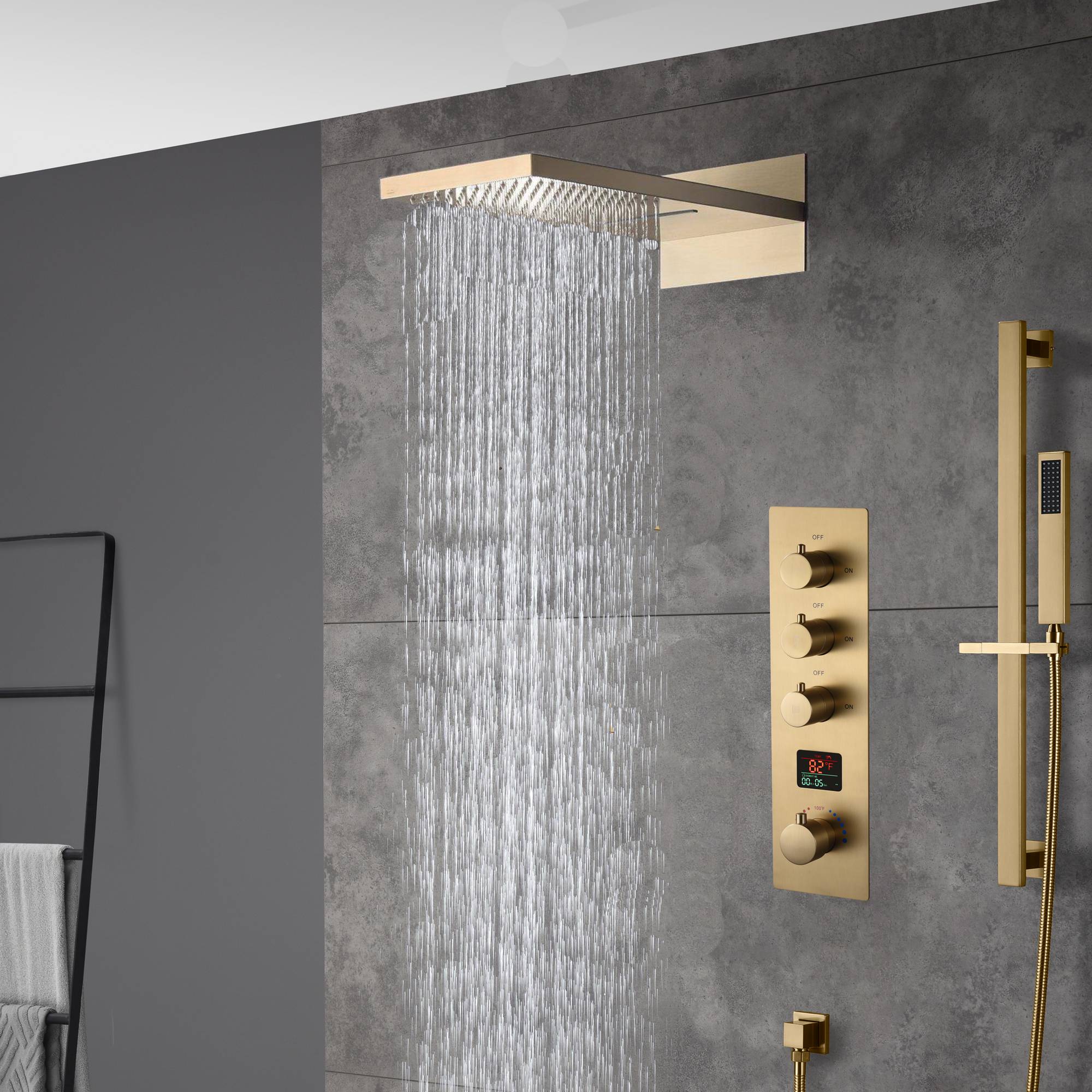 The Exquisite 22-Inch Brushed Gold 3-Way Digital Display Thermostatic Shower Valve System with Simultaneous and Individual Functionality - Image 2