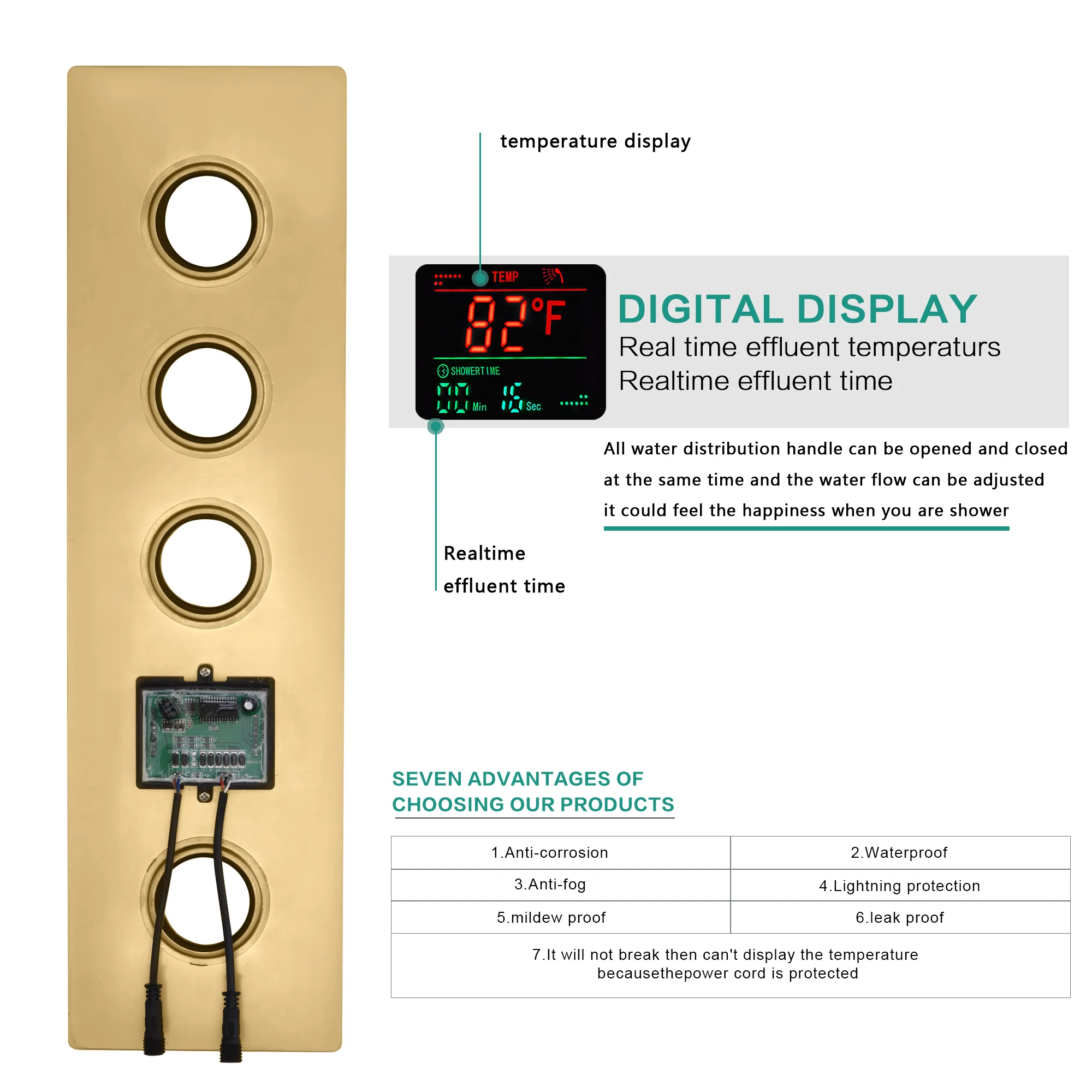 The Exquisite 22-Inch Brushed Gold 3-Way Digital Display Thermostatic Shower Valve System with Simultaneous and Individual Functionality - Image 4