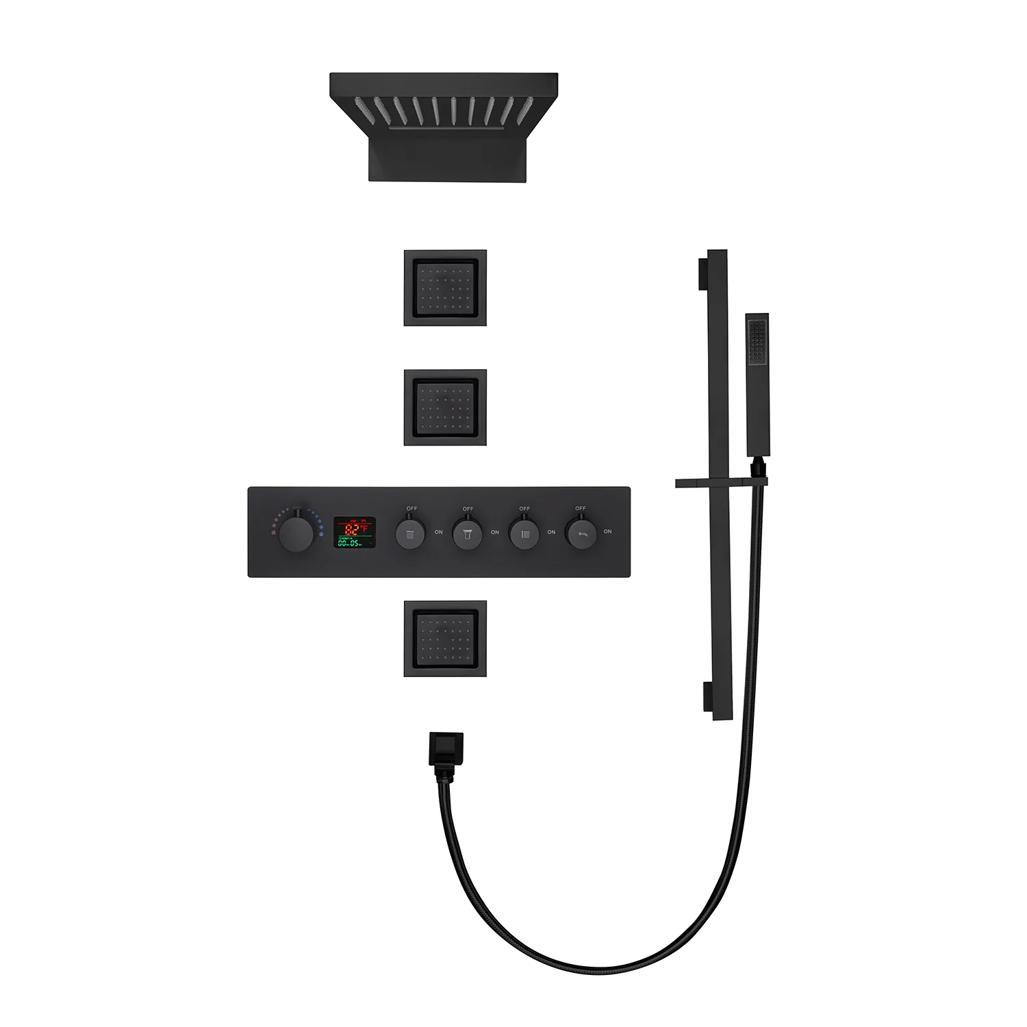 22-Inch Matte Black 4-Way Digital Thermostatic Shower Faucet - Rainfall, Waterfall, and 4-Inch Body Jet - Image 3