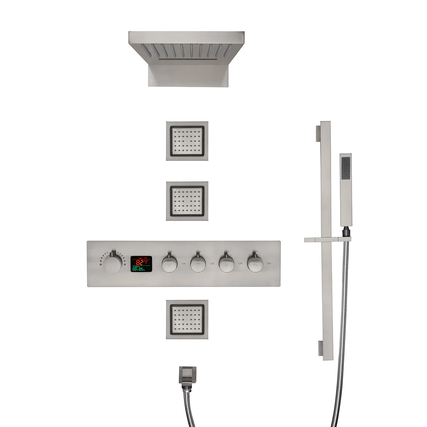 The Exquisite 22-Inch Brushed Nickel 4-Way Digital Thermostatic Shower Faucet with Rainfall, Waterfall, and 4-Inch Body Jet - Image 3