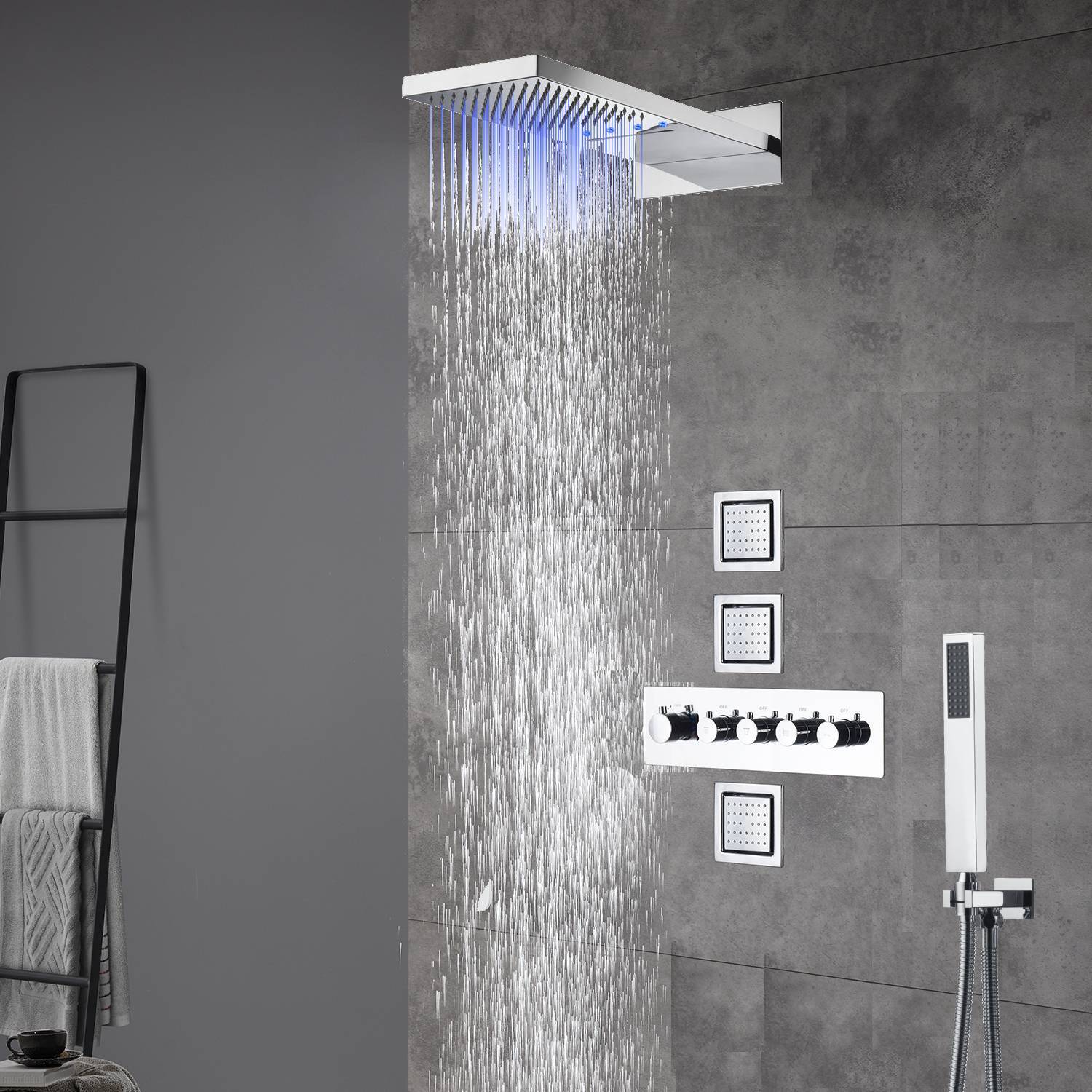 22inch rainfall and waterfall Brushed Nickel 4 Way Thermostatic Shower Faucet with 4inch Body Jet - Image 3