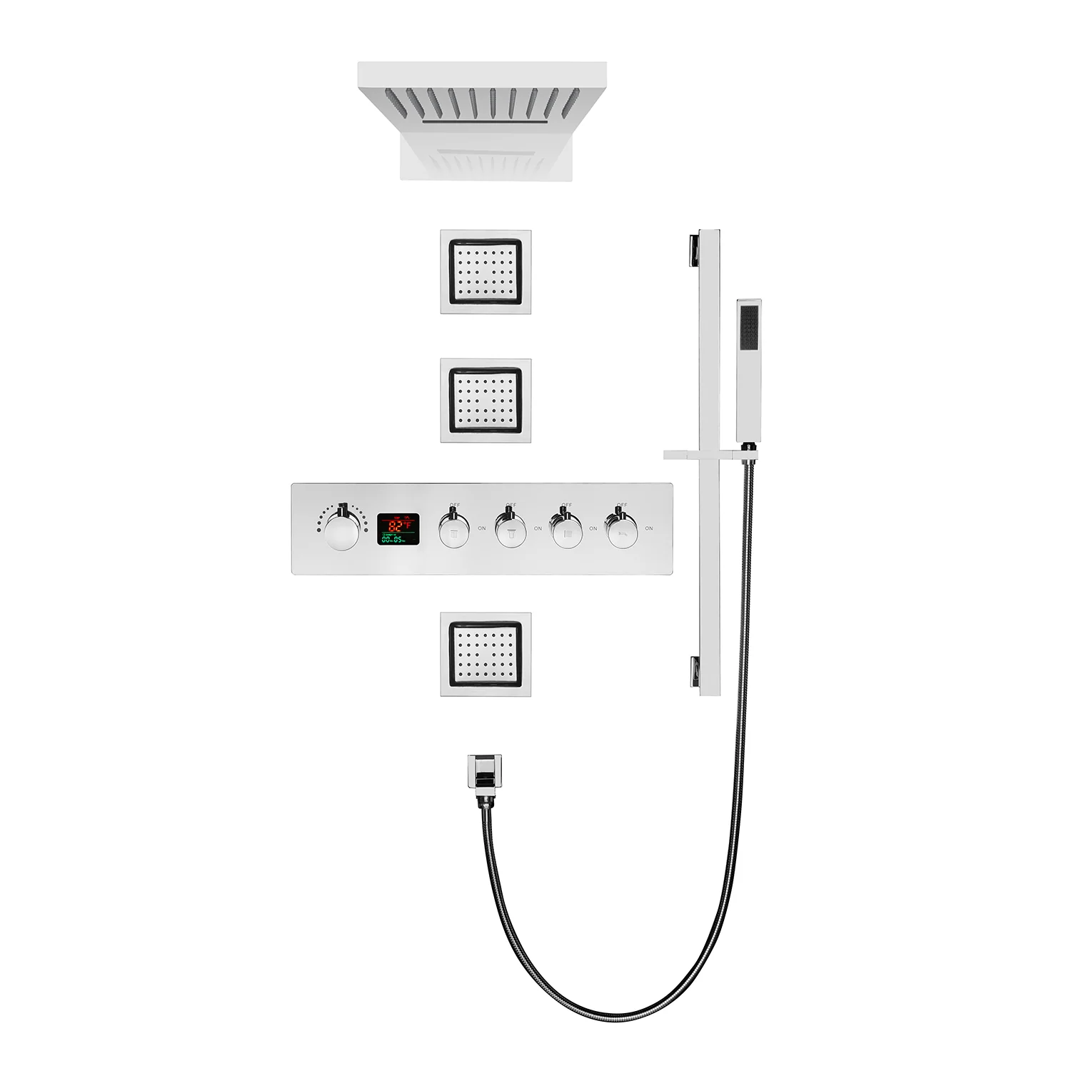 22-Inch LED or Non-LED Chrome 4-Way Digital Thermostatic Shower Faucet with Rainfall, Waterfall, Body Jet, and Sliding Bar - Image 5