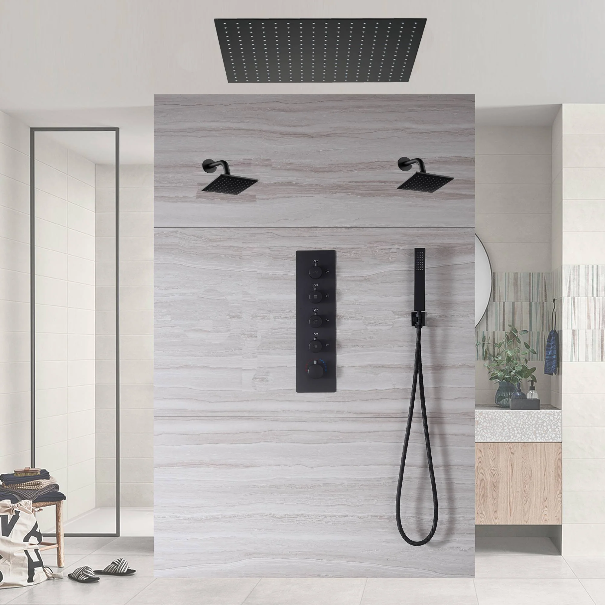 24-inch or 20-inch Matte Black Rainfall Shower System: Featuring a 4-Way Digital Display Thermostatic Rough-In Valve, and a Refreshing 6-inch Wall Mount Shower Head - Image 3