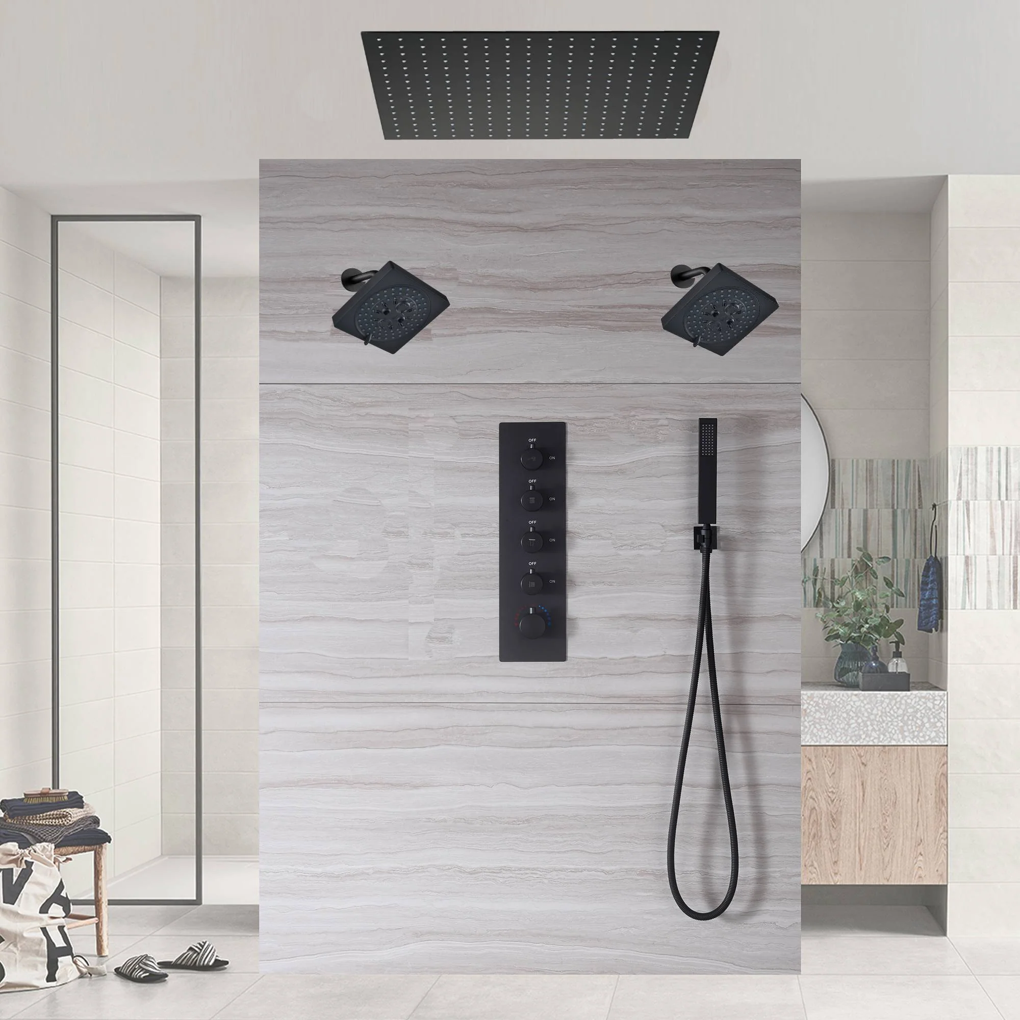 24-inch or 20-inch Matte Black Rainfall Shower System: Featuring a 4-Way Digital Display Thermostatic Rough-In Valve, and a Refreshing 6-inch Wall Mount Shower Head - Image 4
