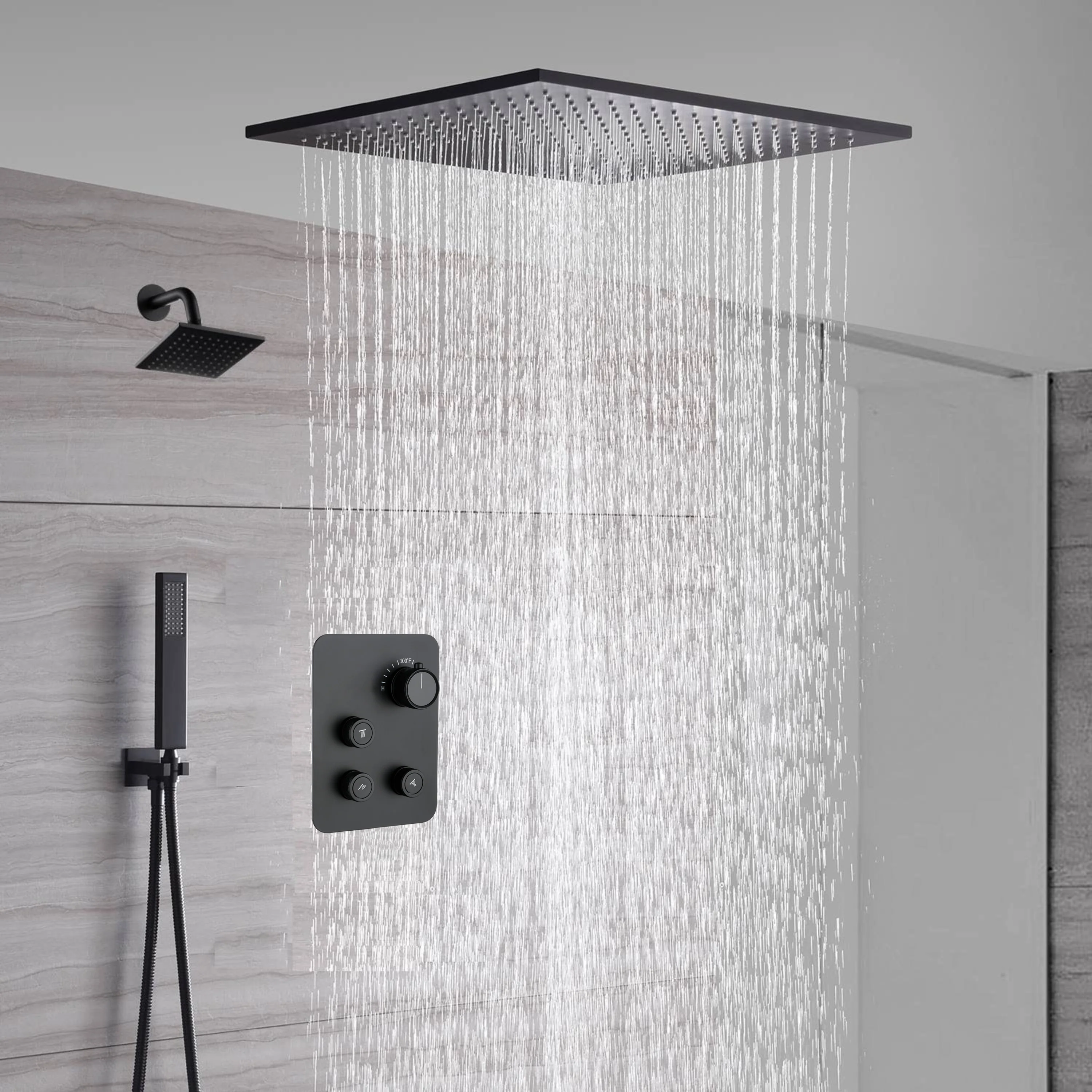 Matte Black Rainfall Shower System with 20-inch or 24-inch Rain Head and Regular Head - 3-Way Thermostatic Shower Faucet - Image 3