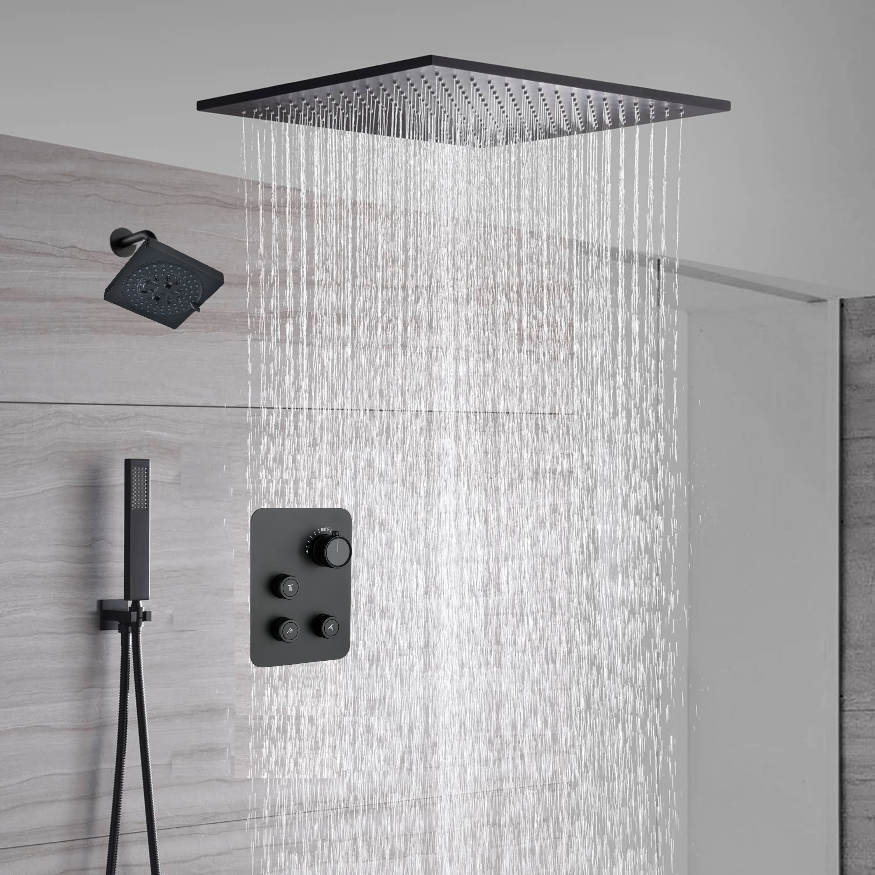 Matte Black Rainfall Shower System with 20-inch or 24-inch Rain Head and Regular Head - 3-Way Thermostatic Shower Faucet - Image 4