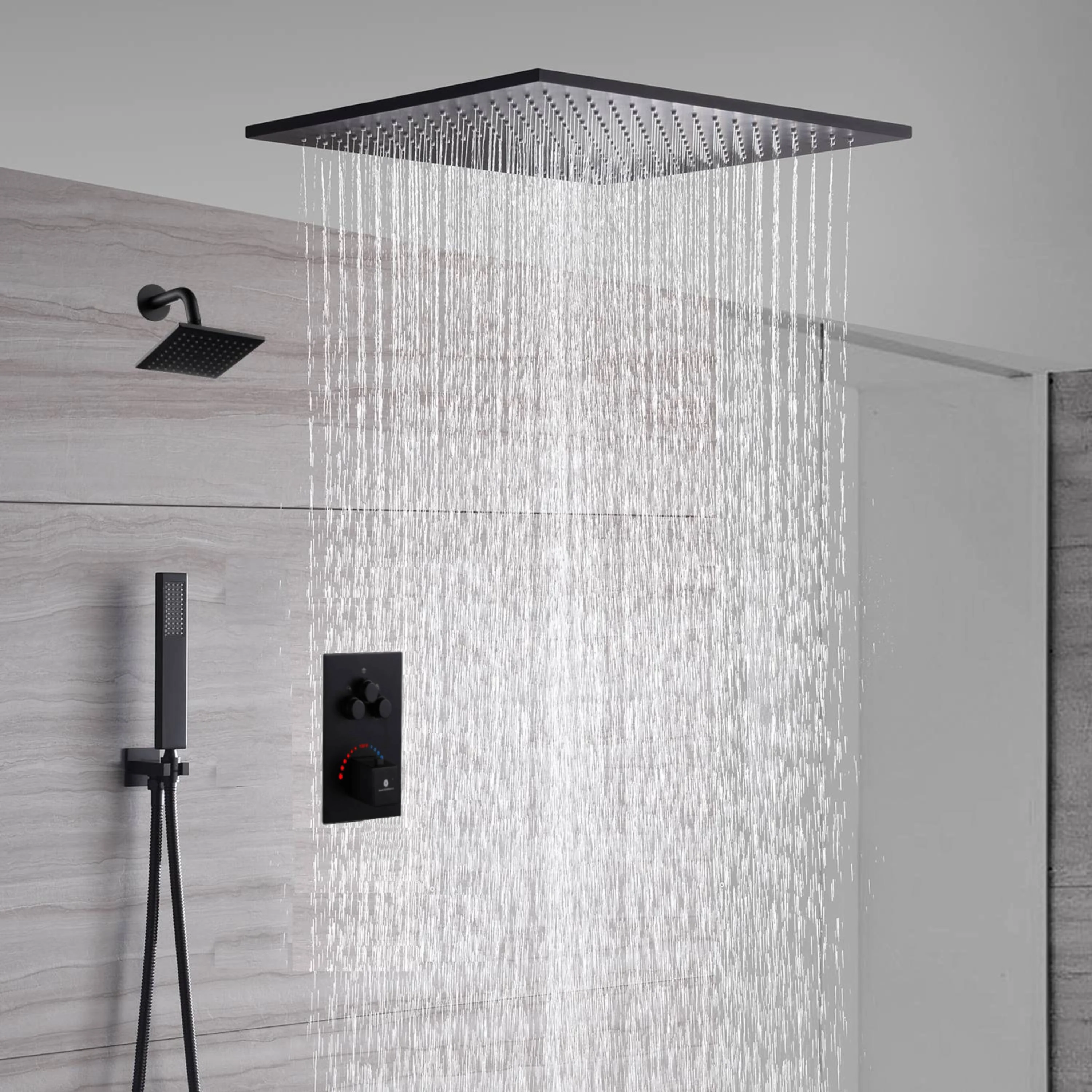 Matte Black Rainfall Shower System with 20-inch or 24-inch Rain Head and Regular Head - 3-Way Thermostatic Shower Faucet - Image 5
