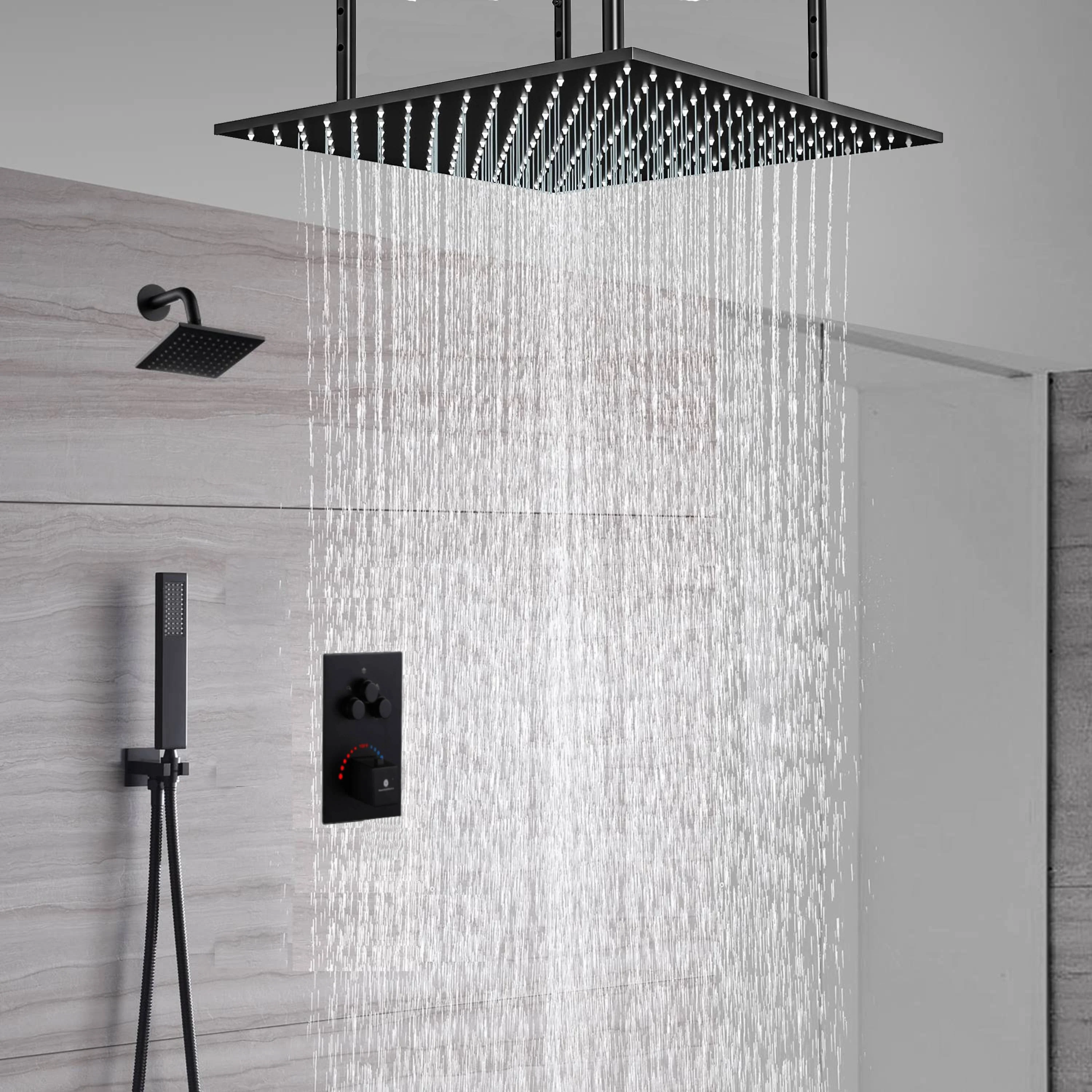 Matte Black Rainfall Shower System with 20-inch or 24-inch Rain Head and Regular Head - 3-Way Thermostatic Shower Faucet - Image 6