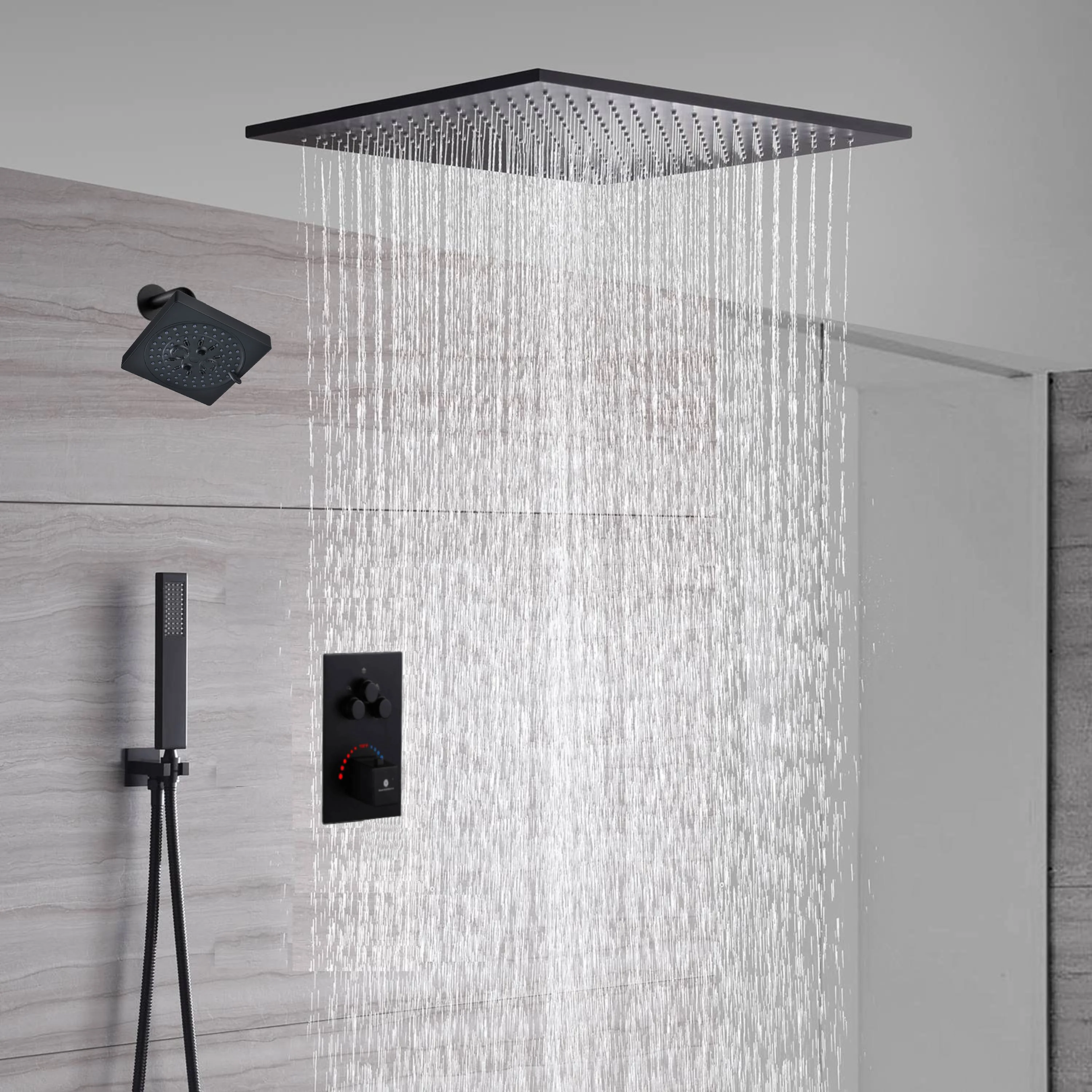 Matte Black Rainfall Shower System with 20-inch or 24-inch Rain Head and Regular Head - 3-Way Thermostatic Shower Faucet - Image 7