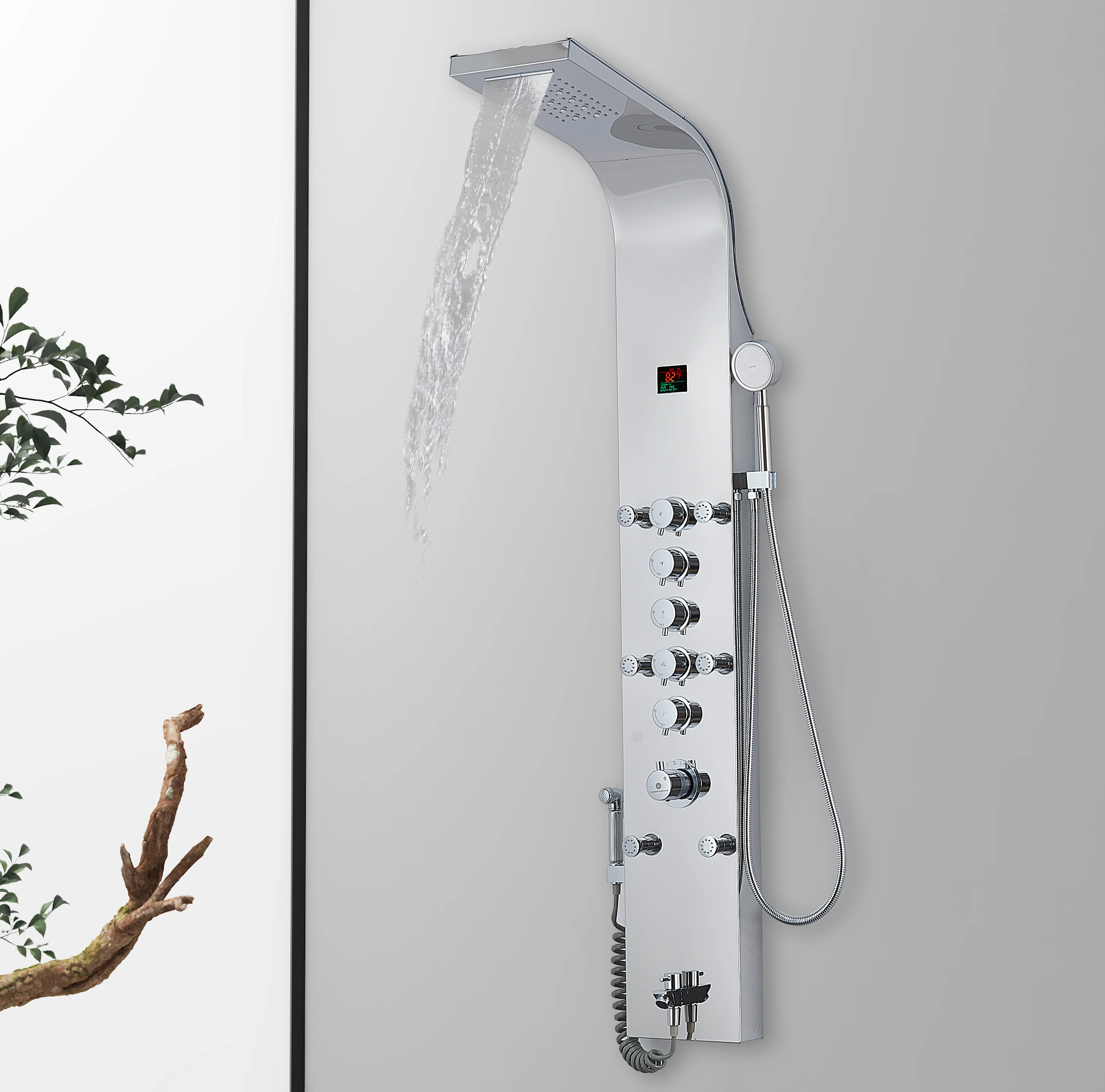 59'' Chrome LED Rain & Waterfall Massage Tower - Simultaneous and Independent Functionality - Image 3