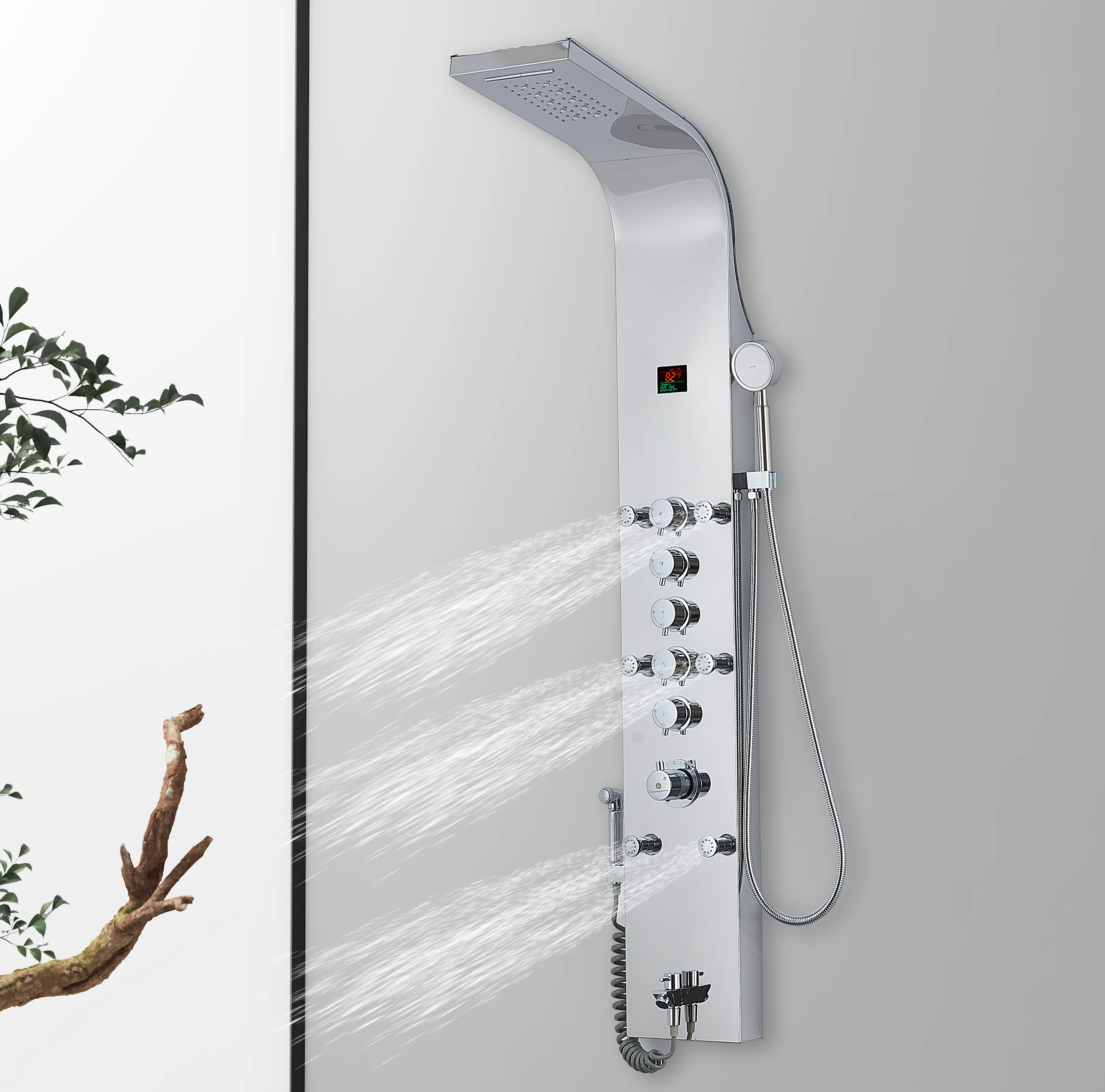 59'' Chrome LED Rain & Waterfall Massage Tower - Simultaneous and Independent Functionality - Image 4