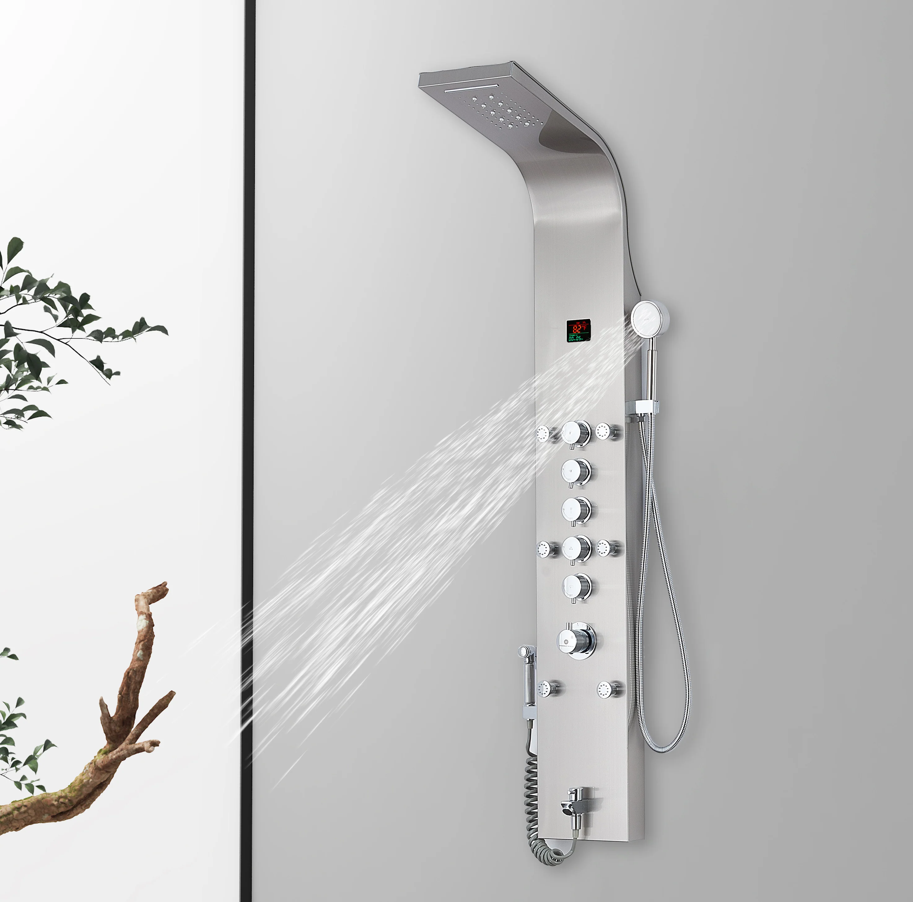 59'' Brushed Nickel LED Rain & Waterfall Massage Tower - Simultaneous and Independent Functionality - Image 4