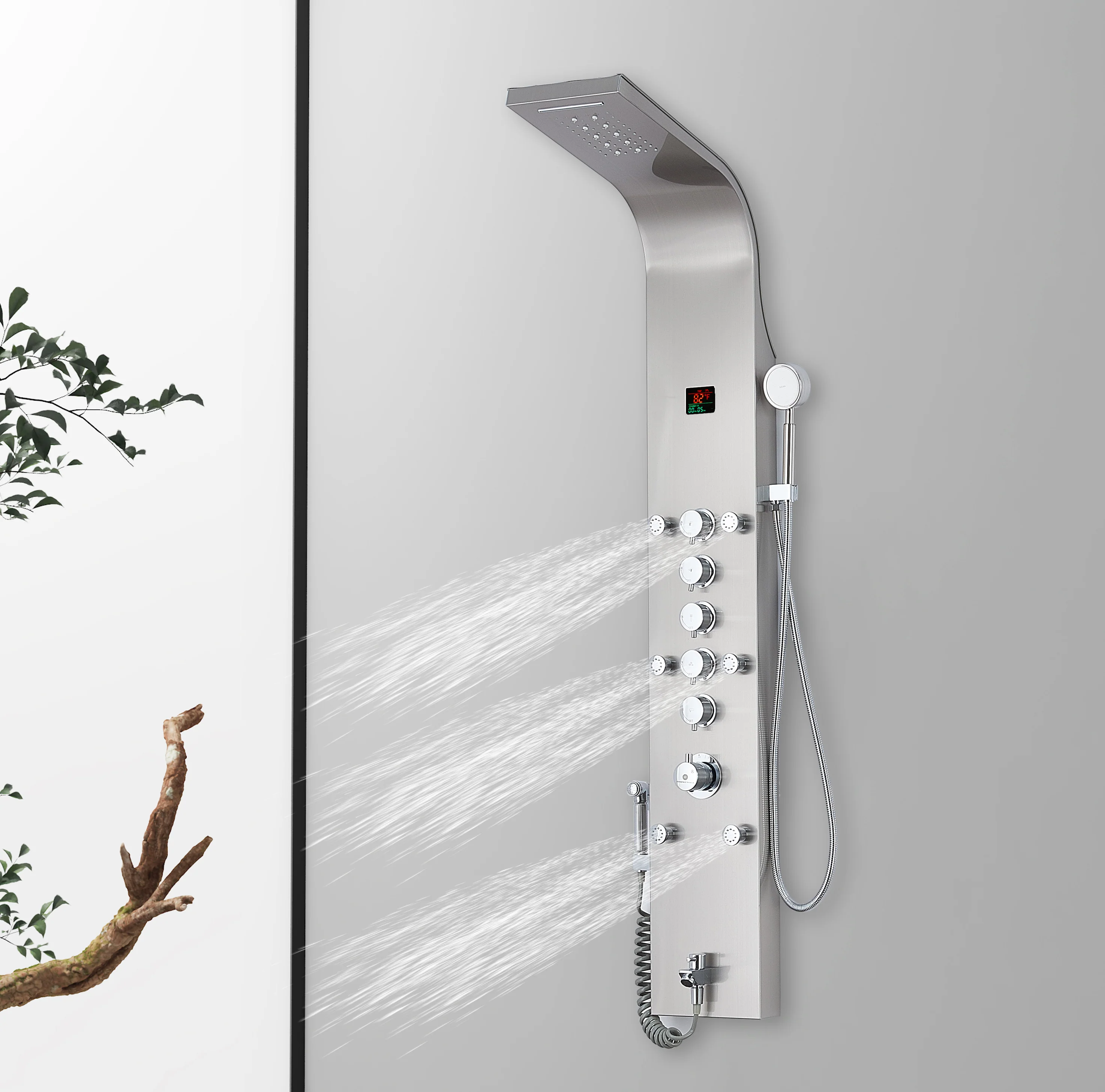 59'' Brushed Nickel LED Rain & Waterfall Massage Tower - Simultaneous and Independent Functionality - Image 5