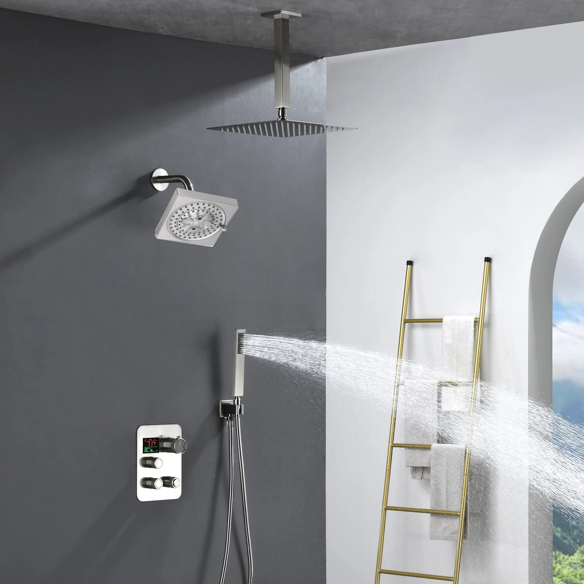6" Regular Shower Head with Top Rainfall Shower Head - 3-Way Digital Thermostatic System - Image 3