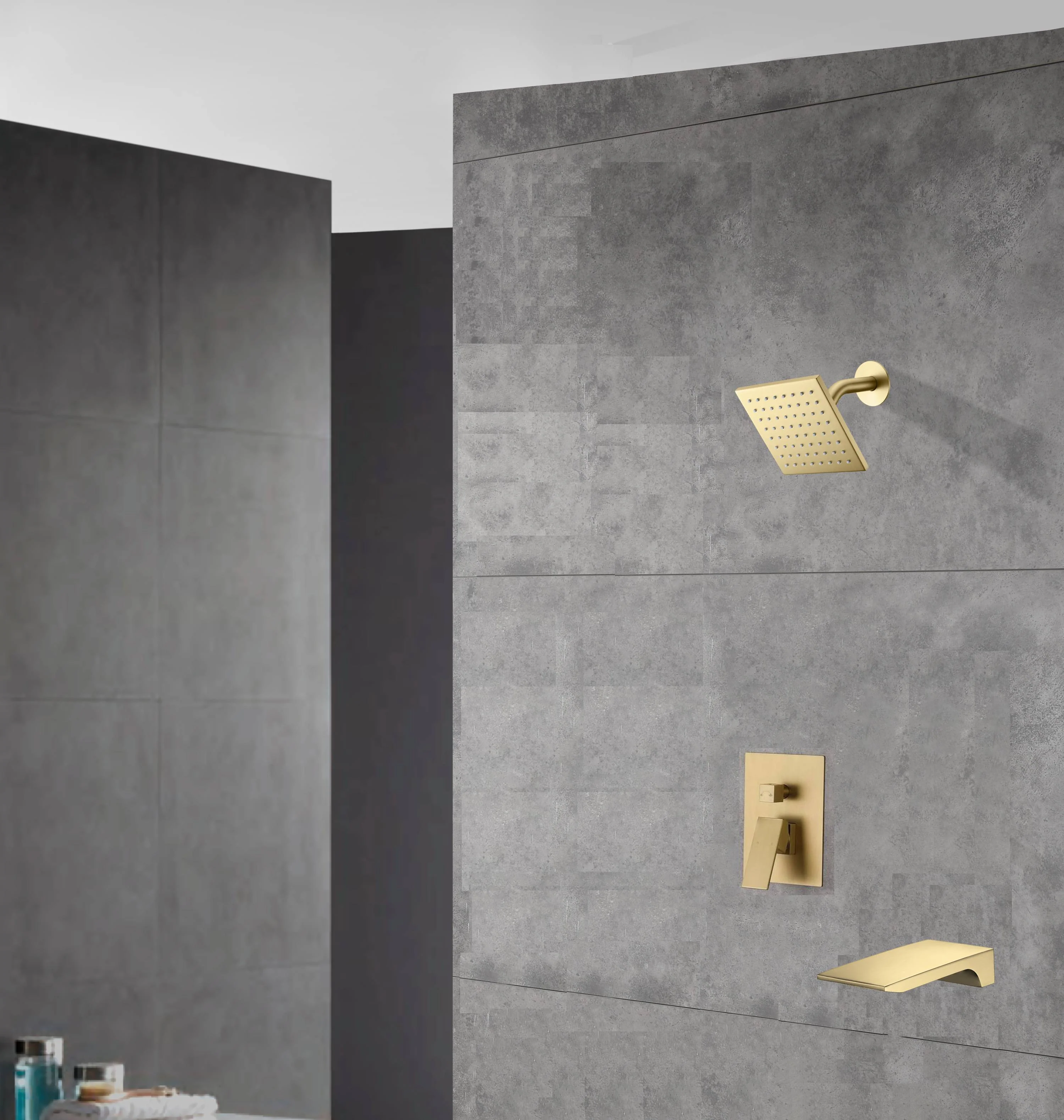 6 Inch Regular shower head wall Mount Brushed Gold two functions Shower System with pressure balance rough in valve and trim and waterfall tub spout - Image 2