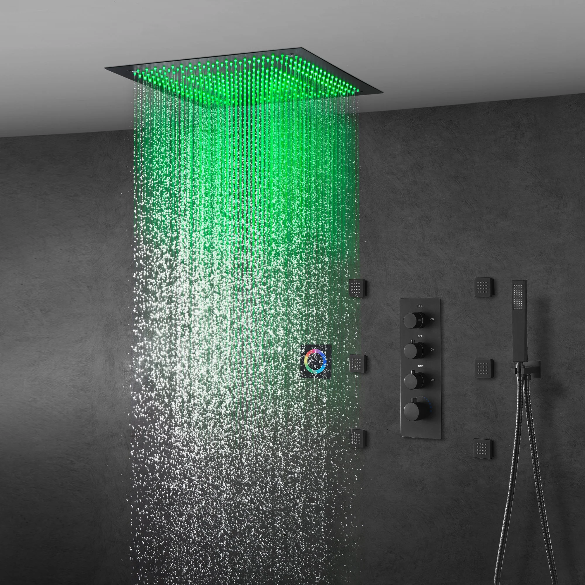 Flush-Mount Matte Black 4-Way Thermostatic Faucet: Featuring Digital Display, 6 Body Jets, Regular Head, and a 20-Inch LED Light Rainfall Shower Head - Image 6