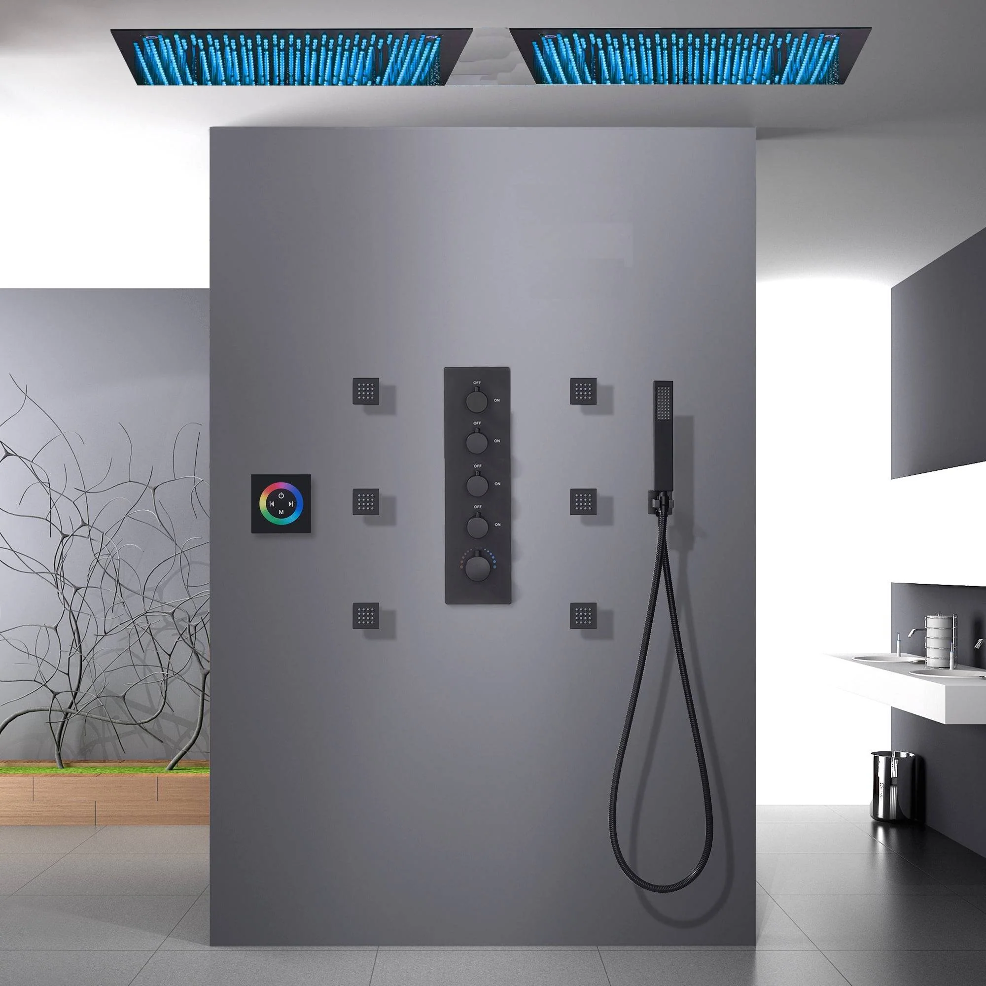 Matte Black Flush-Mounted 4 Way Thermostatic Shower with Dual 20-Inch LED Rainfall Heads and 6 Body Jets - Image 2
