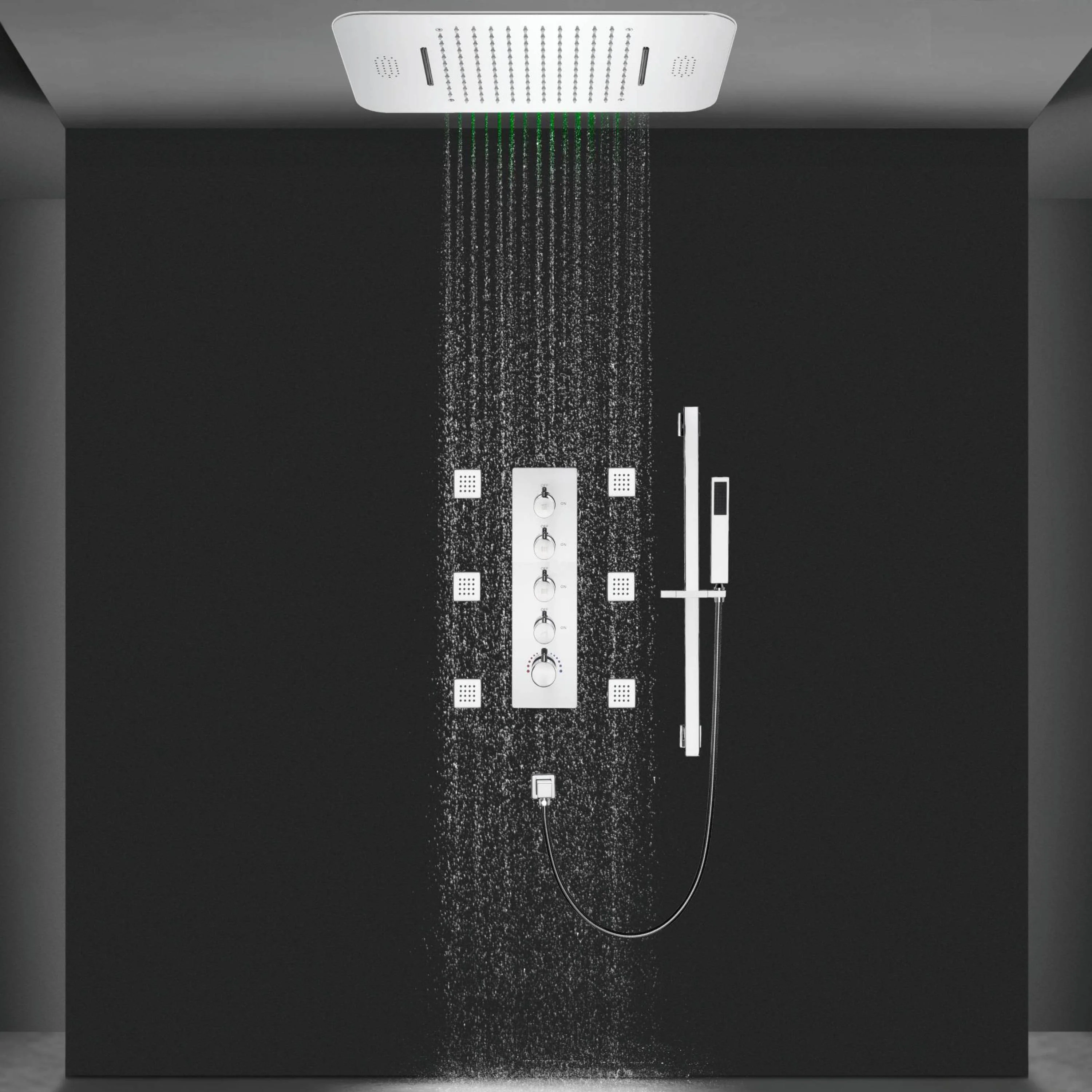 64 LED colors chrome music led flushed in 23x15inch shower head 4 way thermostatic valve with sliding bar that each function run at the same time and separately