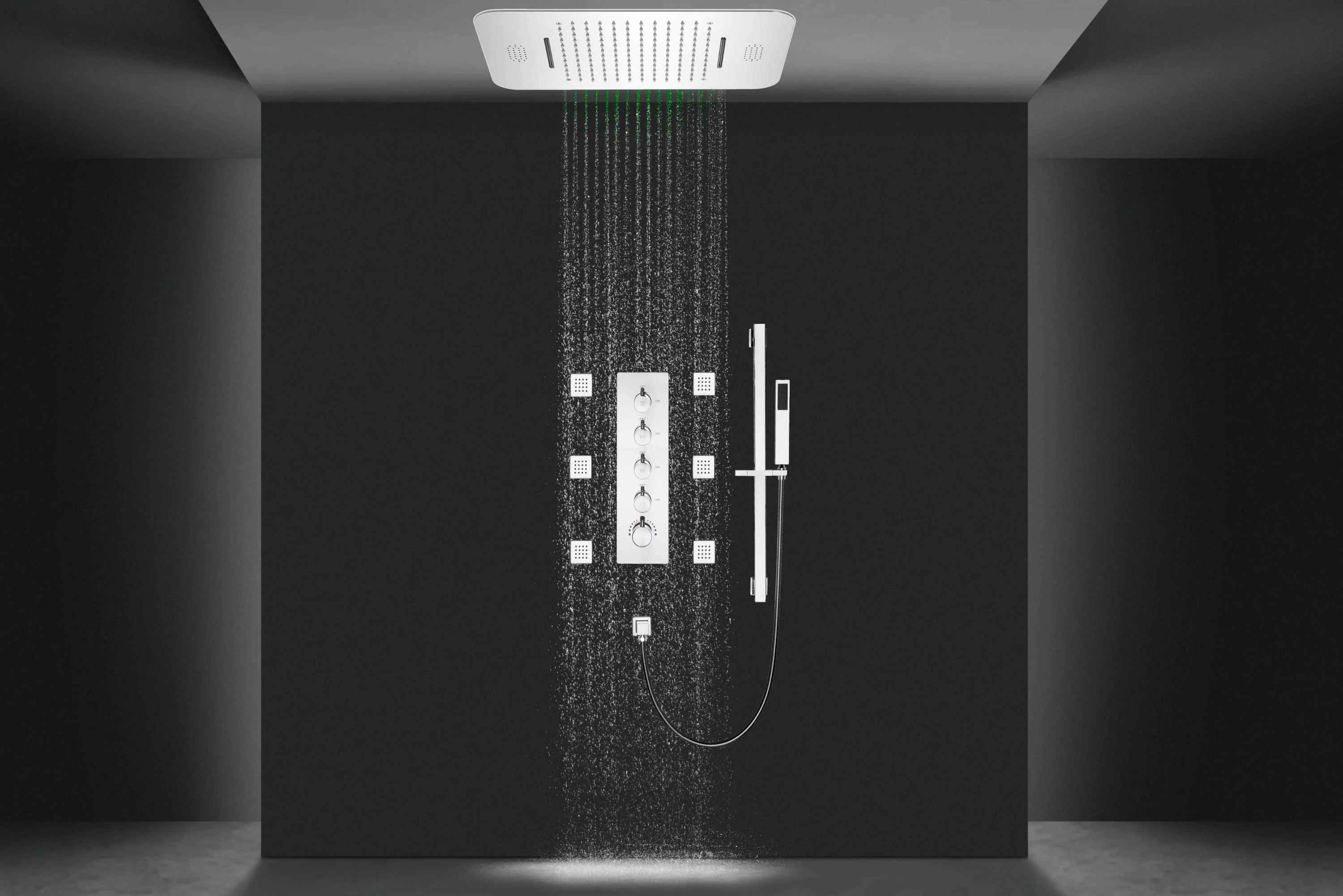 64 LED colors chrome music led flushed in 23x15inch shower head 4 way thermostatic valve with sliding bar that each function run at the same time and separately - Image 2