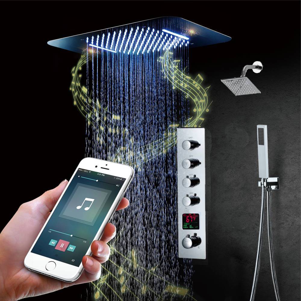 Chrome 4-Way Digital Display Thermostatic Shower Faucet with 23x15-Inch Music LED Showerhead Offering 64 Colors, Simultaneous and Separate Functionality