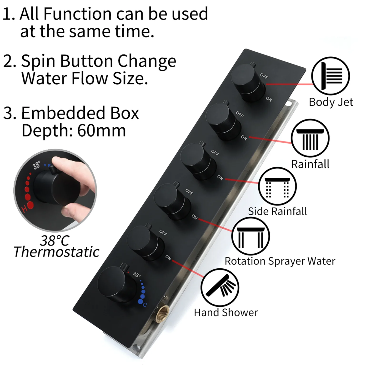 64 LED colors music led flushed in 24x12 inch 3 functions shower head 5 way thermostatic shower faucet with rotate-water massage body jets,4 finish colors options - Image 13