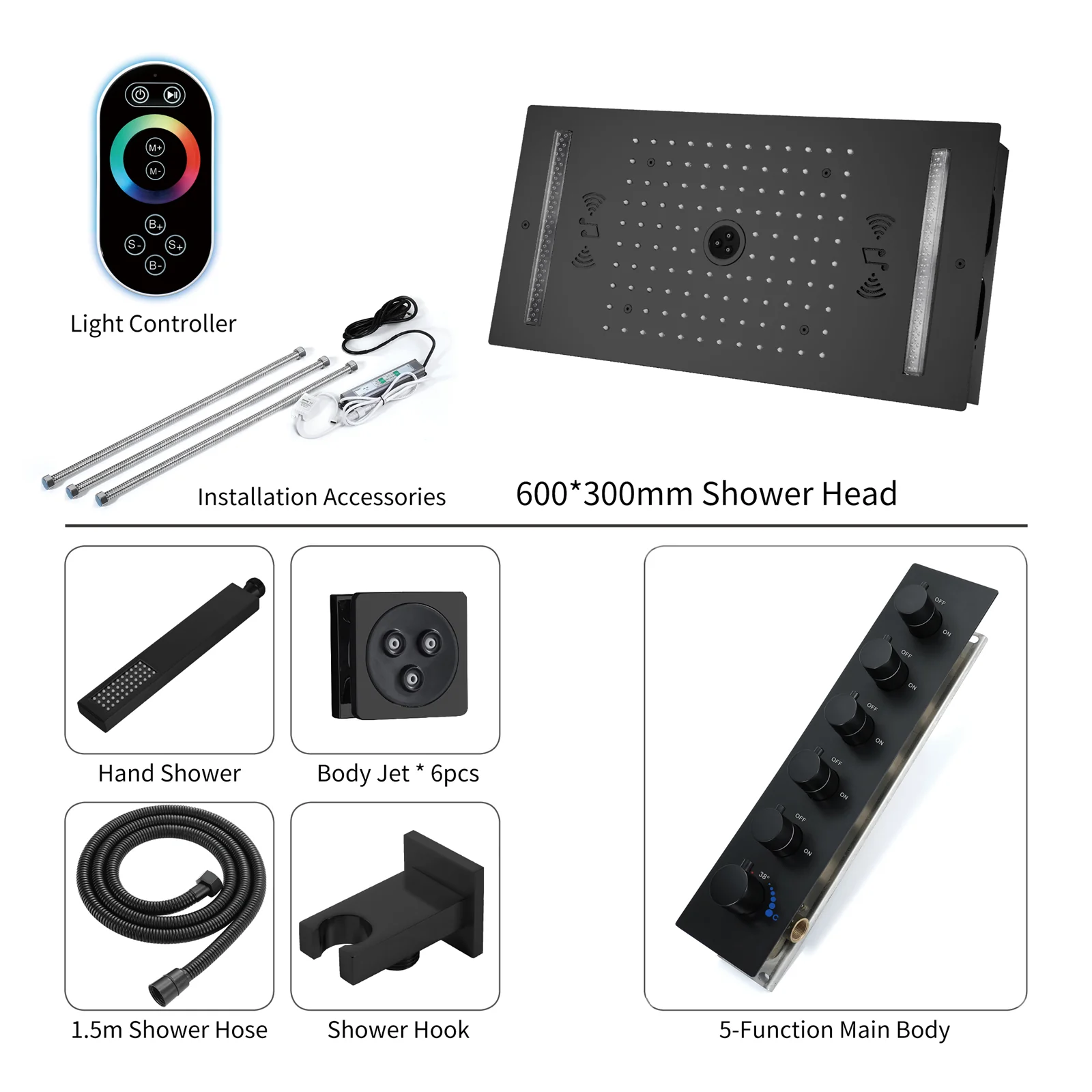 64 LED colors music led flushed in 24x12 inch 3 functions shower head 5 way thermostatic shower faucet with rotate-water massage body jets,4 finish colors options - Image 15