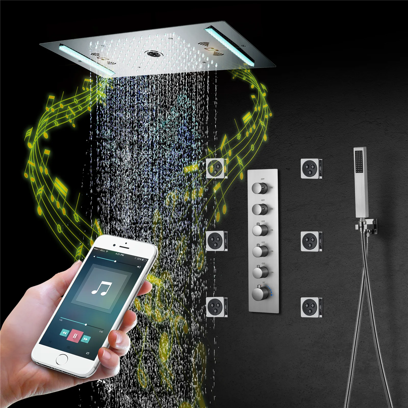 64 LED colors music led flushed in 24x12 inch 3 functions shower head 5 way thermostatic shower faucet with rotate-water massage body jets,4 finish colors options - Image 17