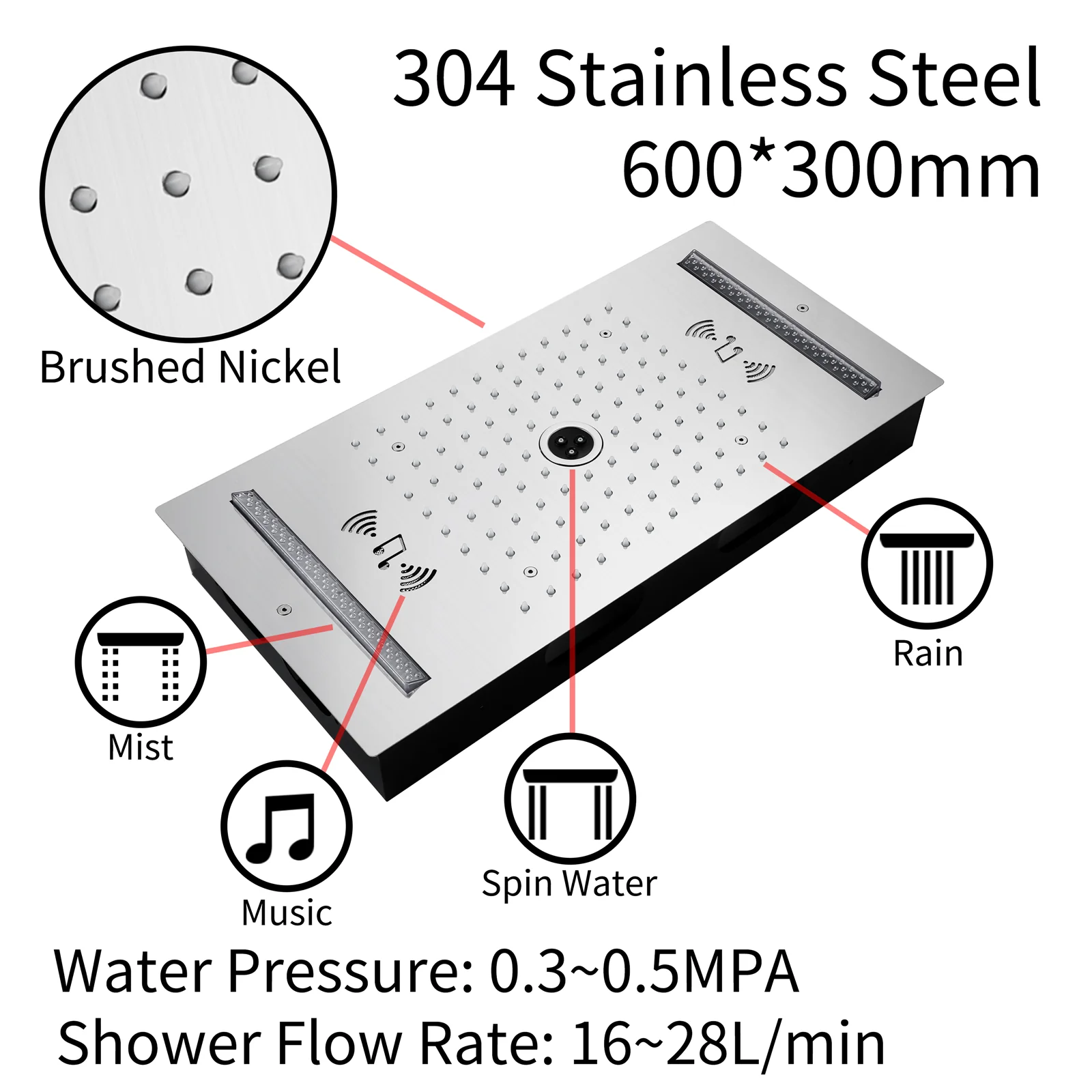 64 LED colors music led flushed in 24x12 inch 3 functions shower head 5 way thermostatic shower faucet with rotate-water massage body jets,4 finish colors options - Image 20